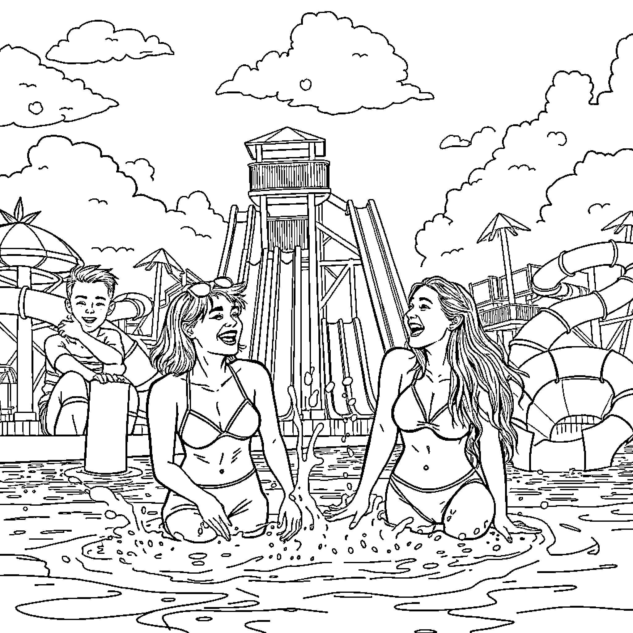 Friends enjoying a day at the water park Coloring Page (free black-and-white line drawing printable PDF for all, from beginners to advanced learners, including children, teens, adults, and seniors)