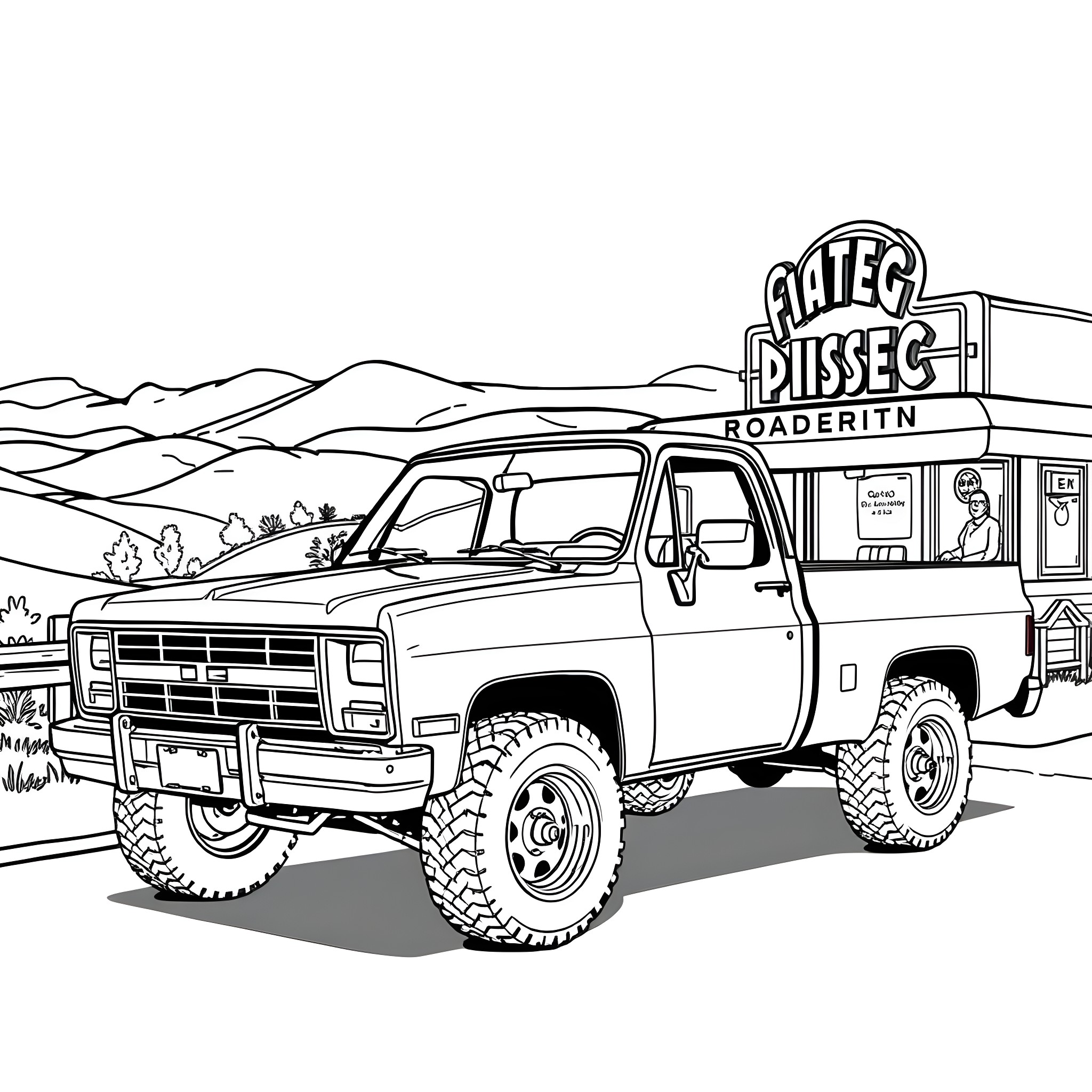 S10 Truck Parked at Roadside Diner in Rural Landscape Coloring Page (free black-and-white line drawing printable PDF for all, from beginners to advanced learners, including children, teens, adults, and seniors)