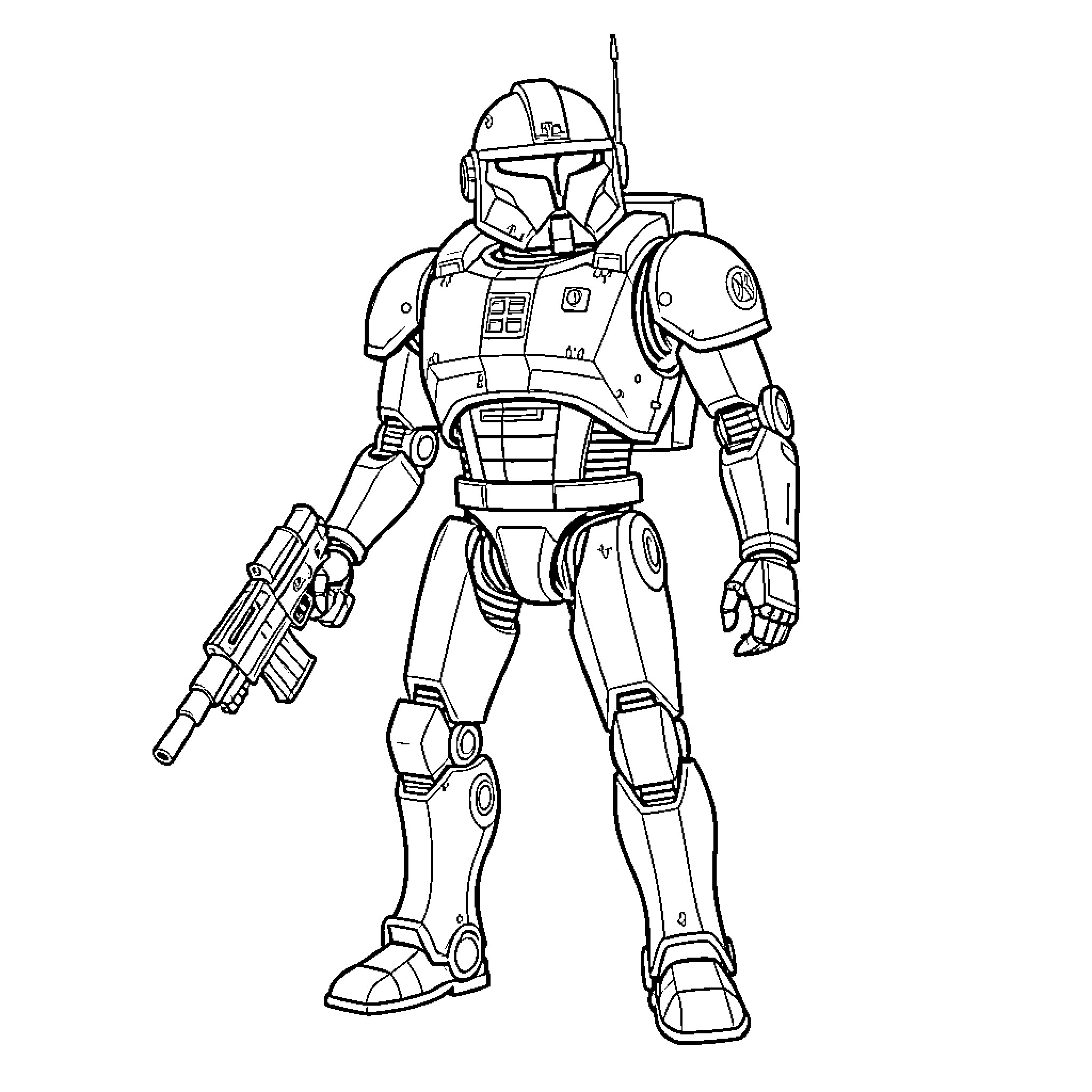 Commando Droid in Action Stance Coloring Page (free black-and-white line drawing printable PDF for all, from beginners to advanced learners, including children, teens, adults, and seniors)