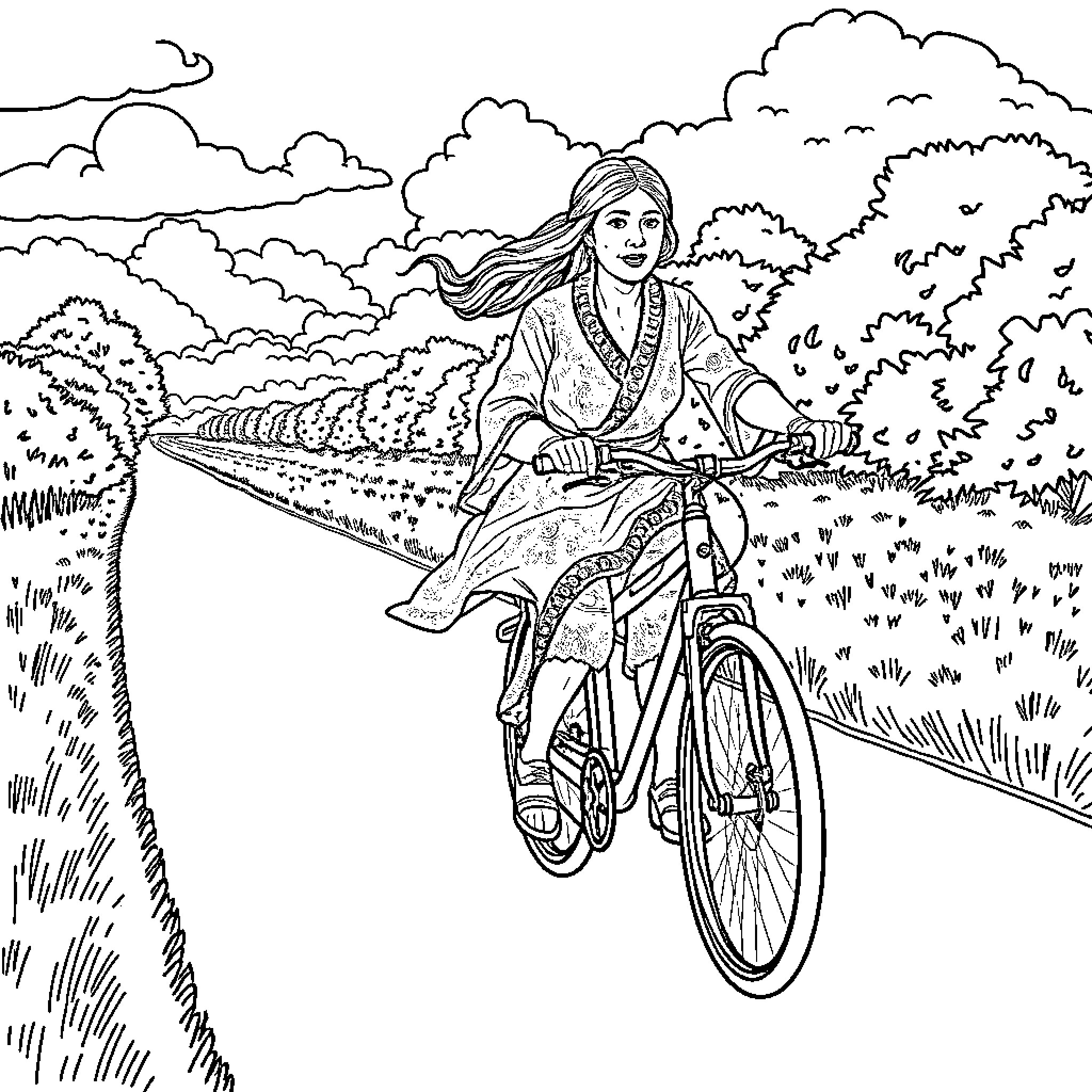 Healer on a Bicycle in the Countryside Coloring Page (free black-and-white line drawing printable PDF for all, from beginners to advanced learners, including children, teens, adults, and seniors)