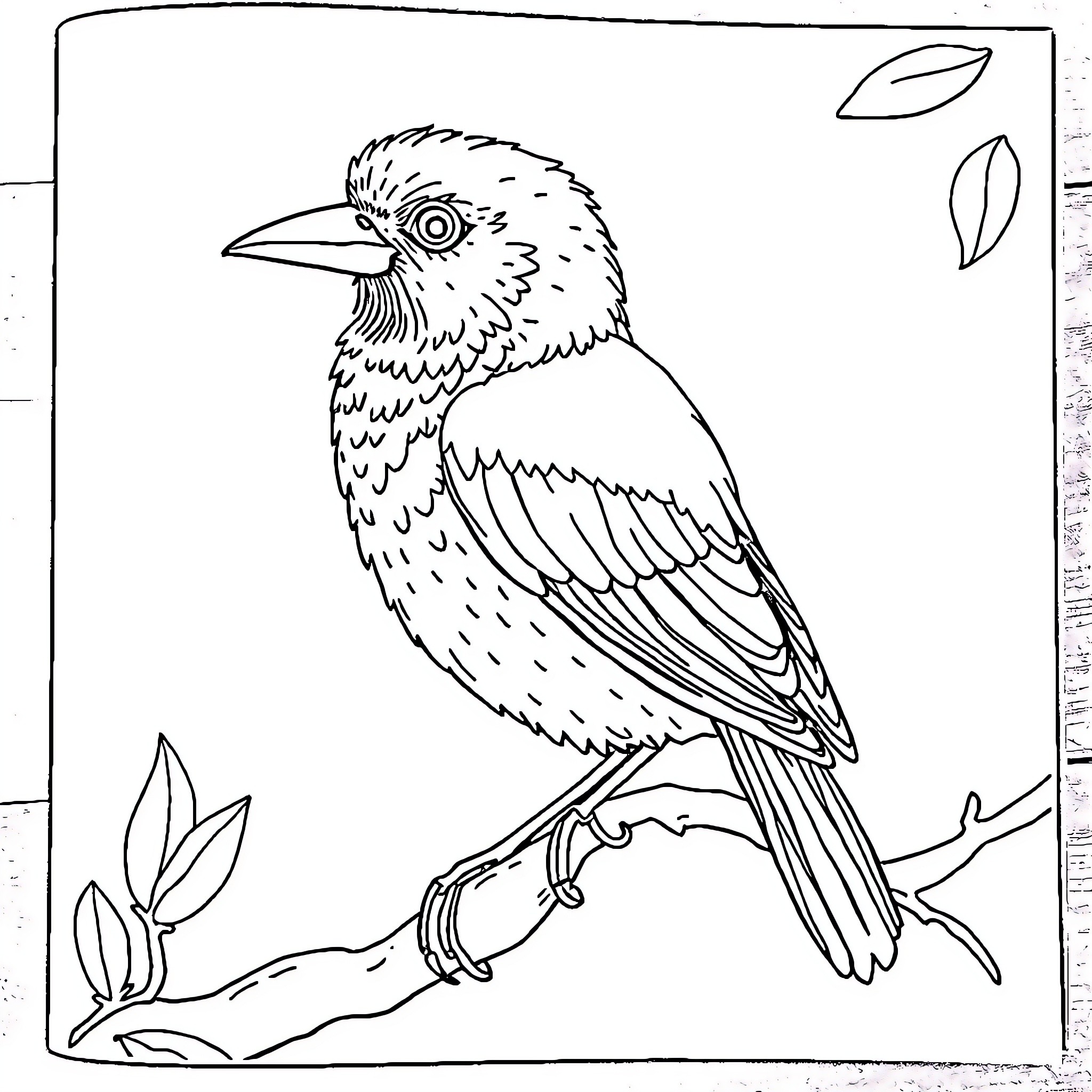 Animal perched on branch with leaves Coloring Page (free black-and-white line drawing printable PDF for all, from beginners to advanced learners, including children, teens, adults, and seniors)