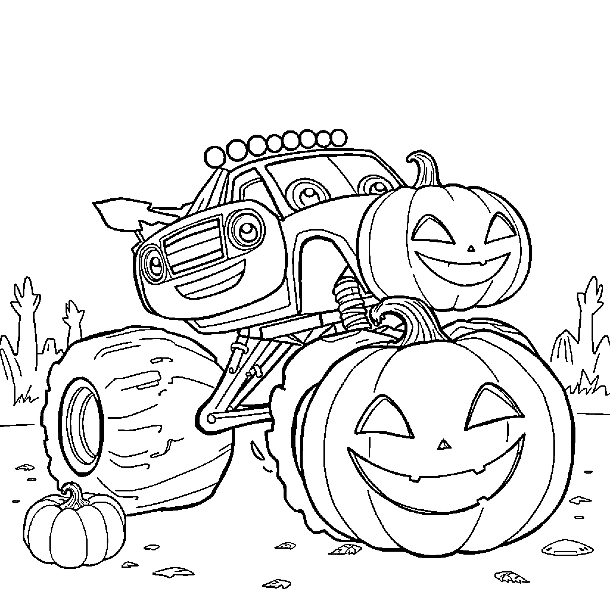 Blaze's Pumpkin-Powered Adventure Coloring Page (free black-and-white line drawing printable PDF for all, from beginners to advanced learners, including children, teens, adults, and seniors)