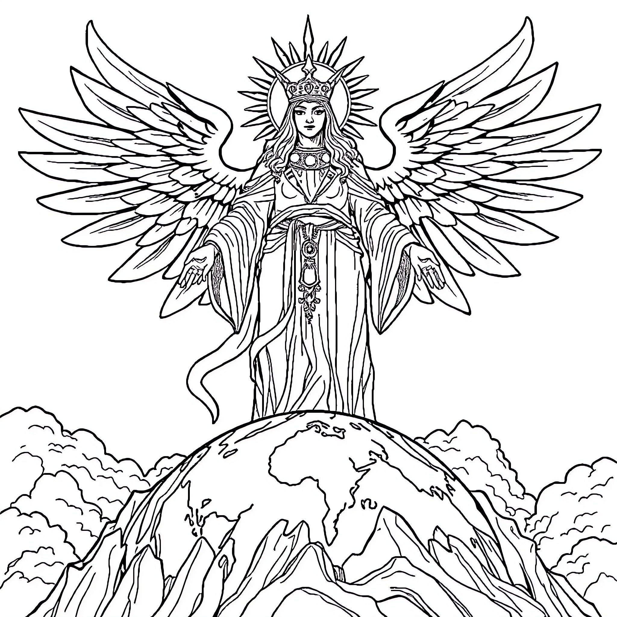 God's Majestic Angel Watching Over the World Coloring Page (free black-and-white line drawing printable PDF for all, from beginners to advanced learners, including children, teens, adults, and seniors)