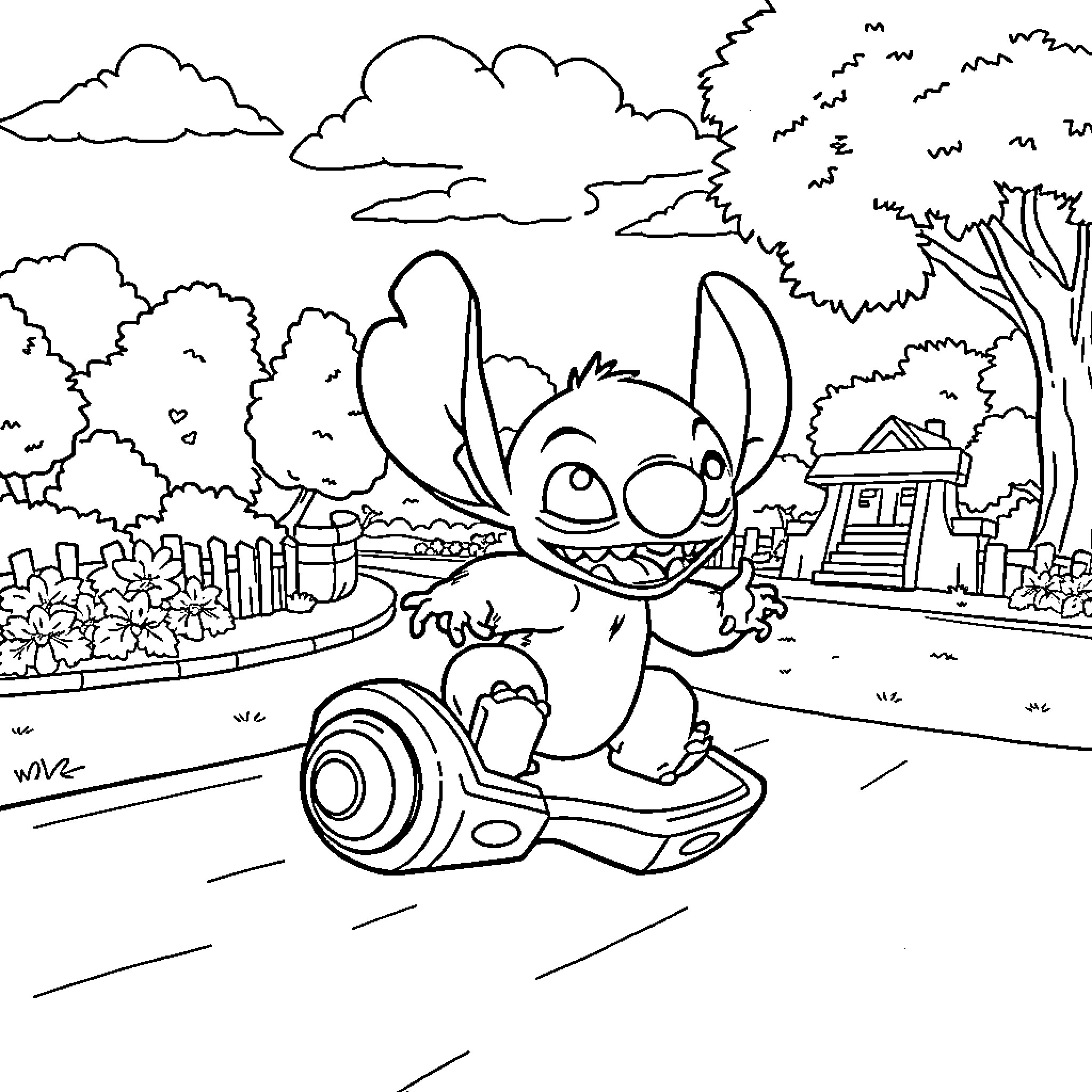 Stitch exploring the neighborhood on a scooter Coloring Page (free black-and-white line drawing printable PDF for all, from beginners to advanced learners, including children, teens, adults, and seniors)