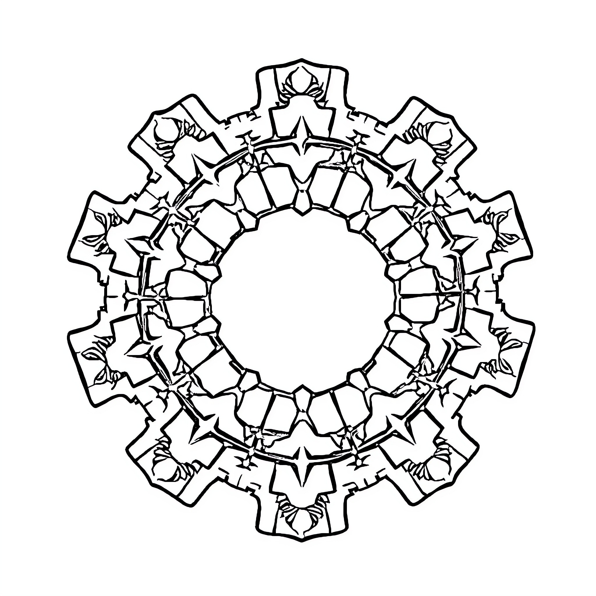 Puzzle of abstract geometric shapes and patterns Coloring Page (free black-and-white line drawing printable PDF for all, from beginners to advanced learners, including children, teens, adults, and seniors)
