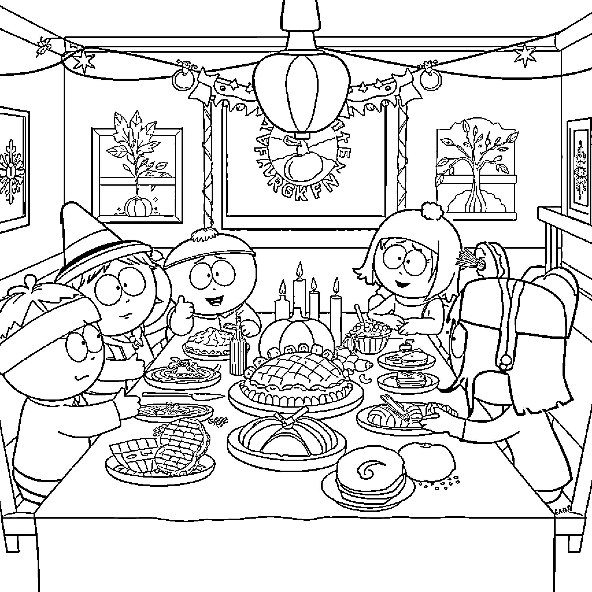 Southpark characters celebrate Thanksgiving dinner Coloring Page (free black-and-white line drawing printable PDF for all, from beginners to advanced learners, including children, teens, adults, and seniors)