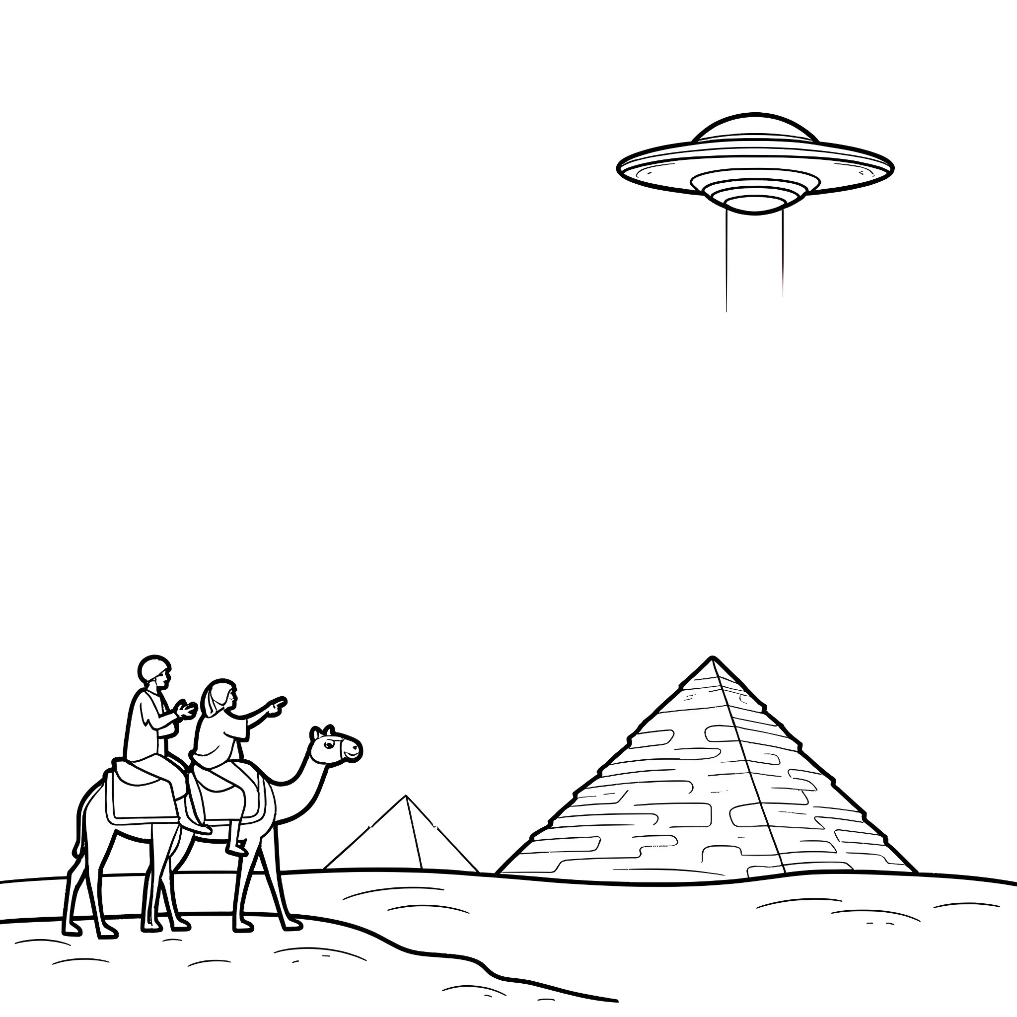 UFO over desert with people on camels Coloring Page (free black-and-white line drawing printable PDF for all, from beginners to advanced learners, including children, teens, adults, and seniors)