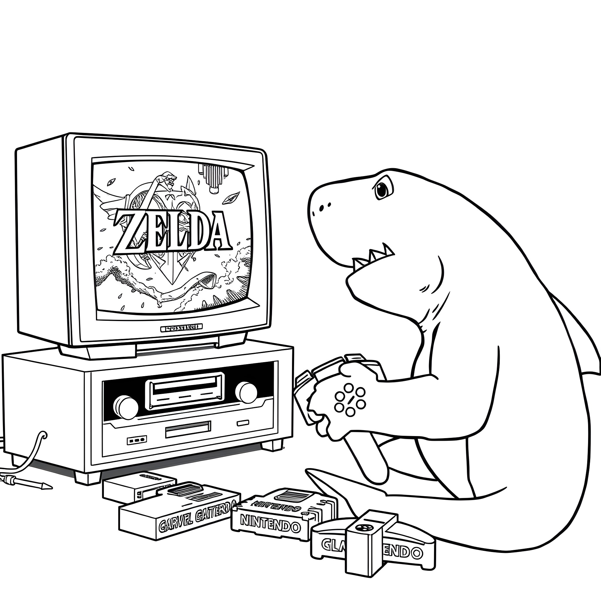 Jeff the Landshark playing a video game Coloring Page (free black-and-white line drawing printable PDF for all, from beginners to advanced learners, including children, teens, adults, and seniors)