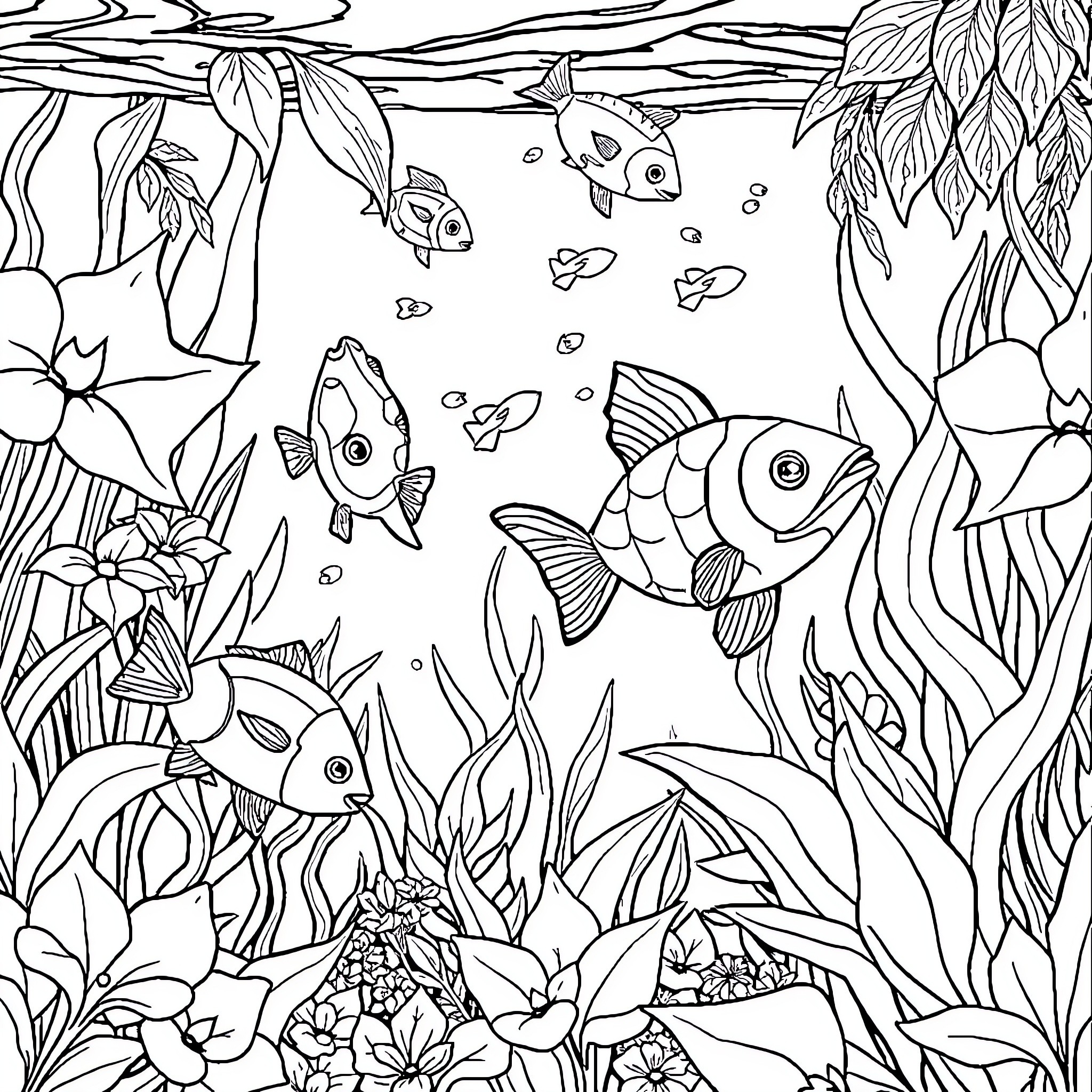 Aquarium with vibrant marine life and underwater plants Coloring Page (free black-and-white line drawing printable PDF for all, from beginners to advanced learners, including children, teens, adults, and seniors)
