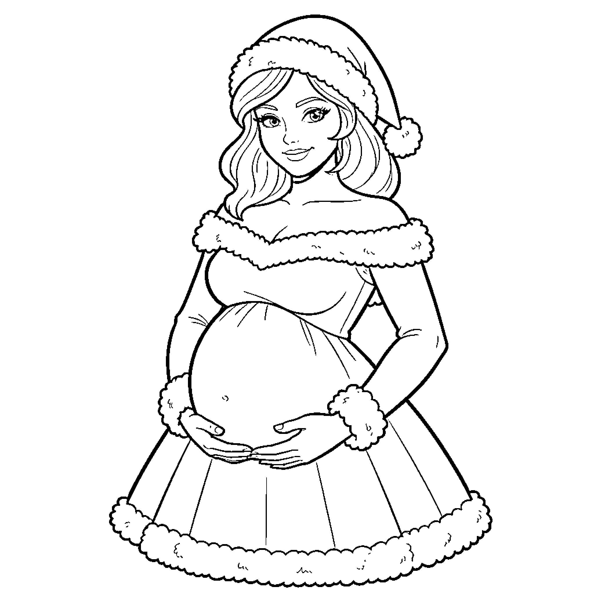Mrs. Claus in festive winter attire Coloring Page (free black-and-white line drawing printable PDF for all, from beginners to advanced learners, including children, teens, adults, and seniors)