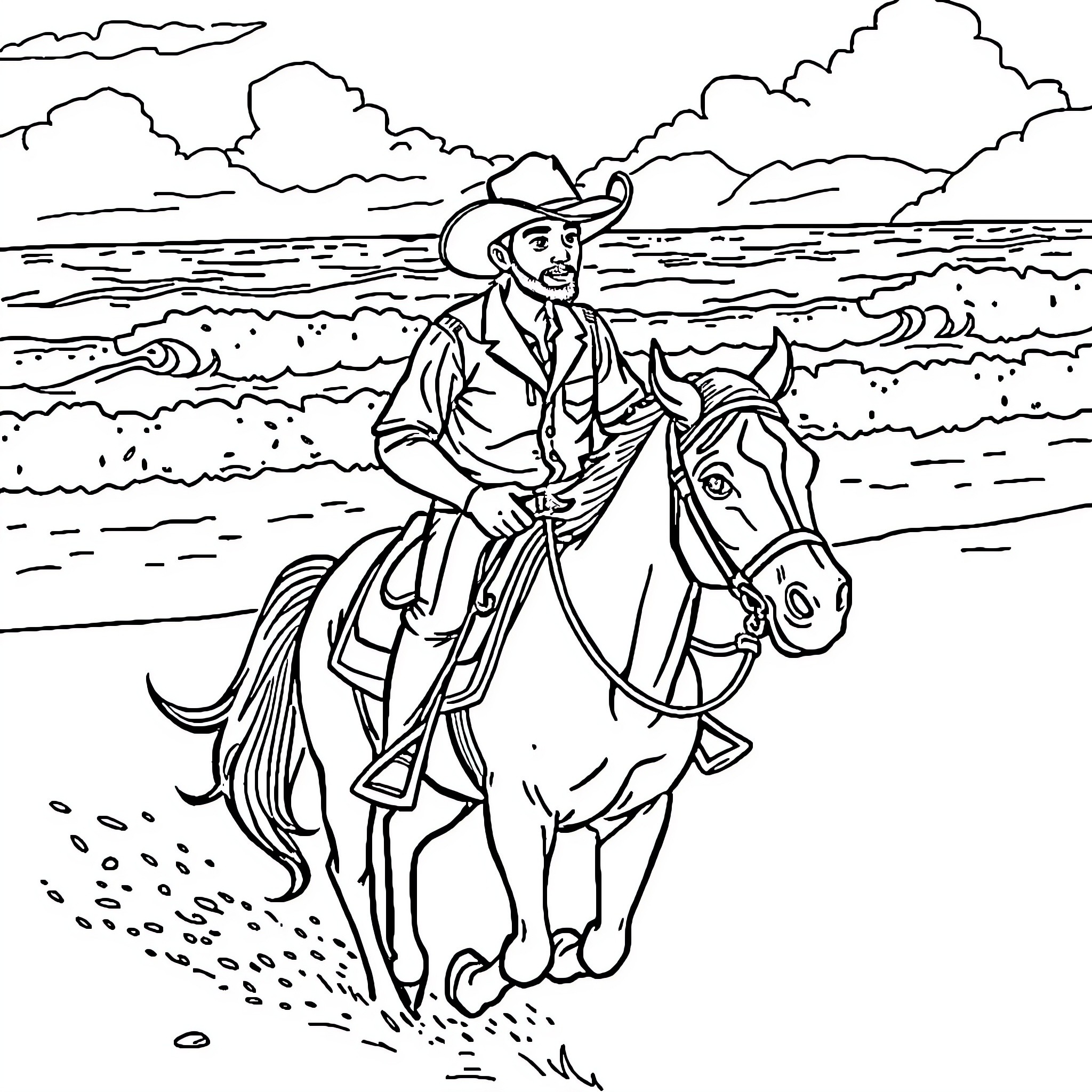 Cowboy riding horse along the beach Coloring Page (free black-and-white line drawing printable PDF for all, from beginners to advanced learners, including children, teens, adults, and seniors)