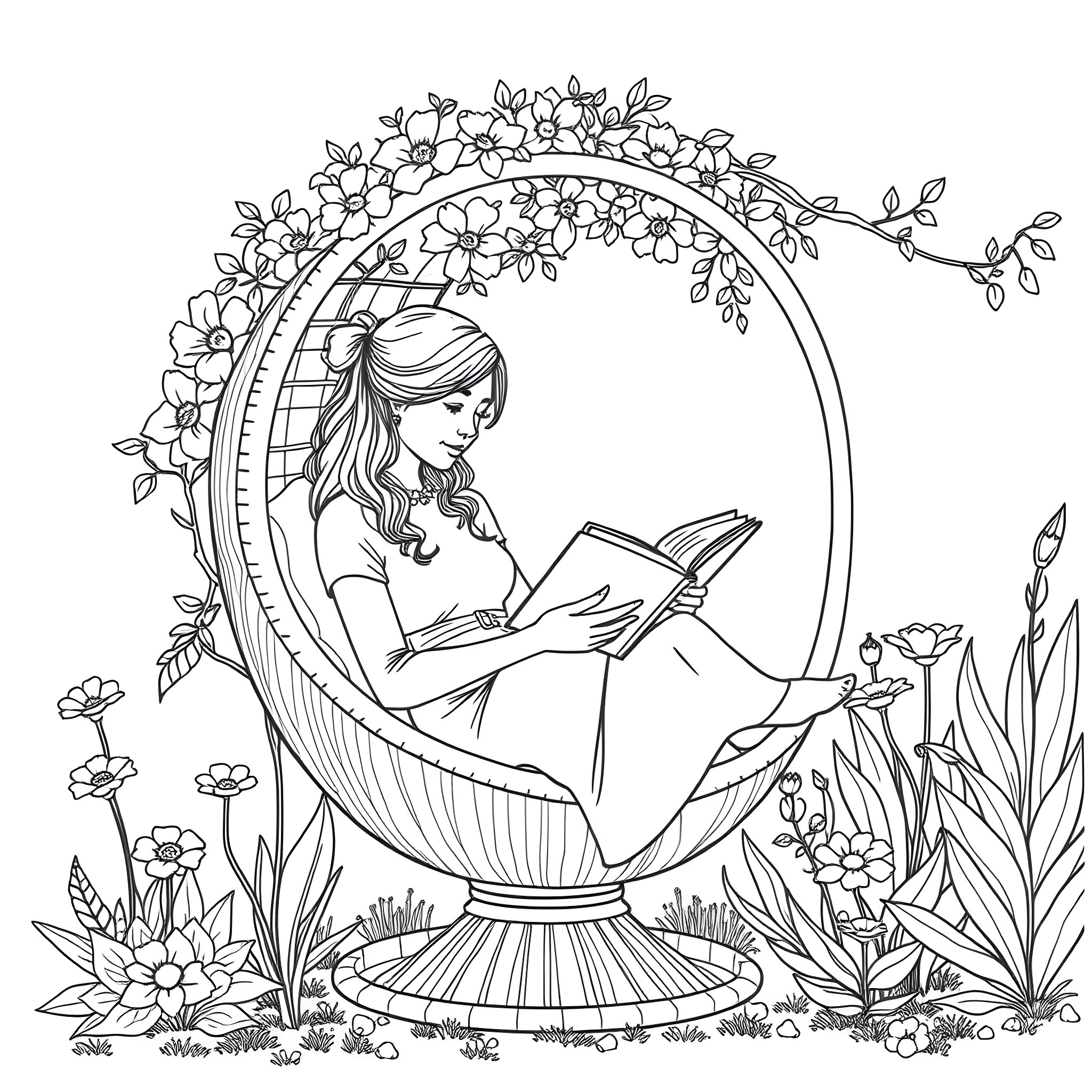 Woman reading a book in a floral garden setting Coloring Page (free black-and-white line drawing printable PDF for all, from beginners to advanced learners, including children, teens, adults, and seniors)
