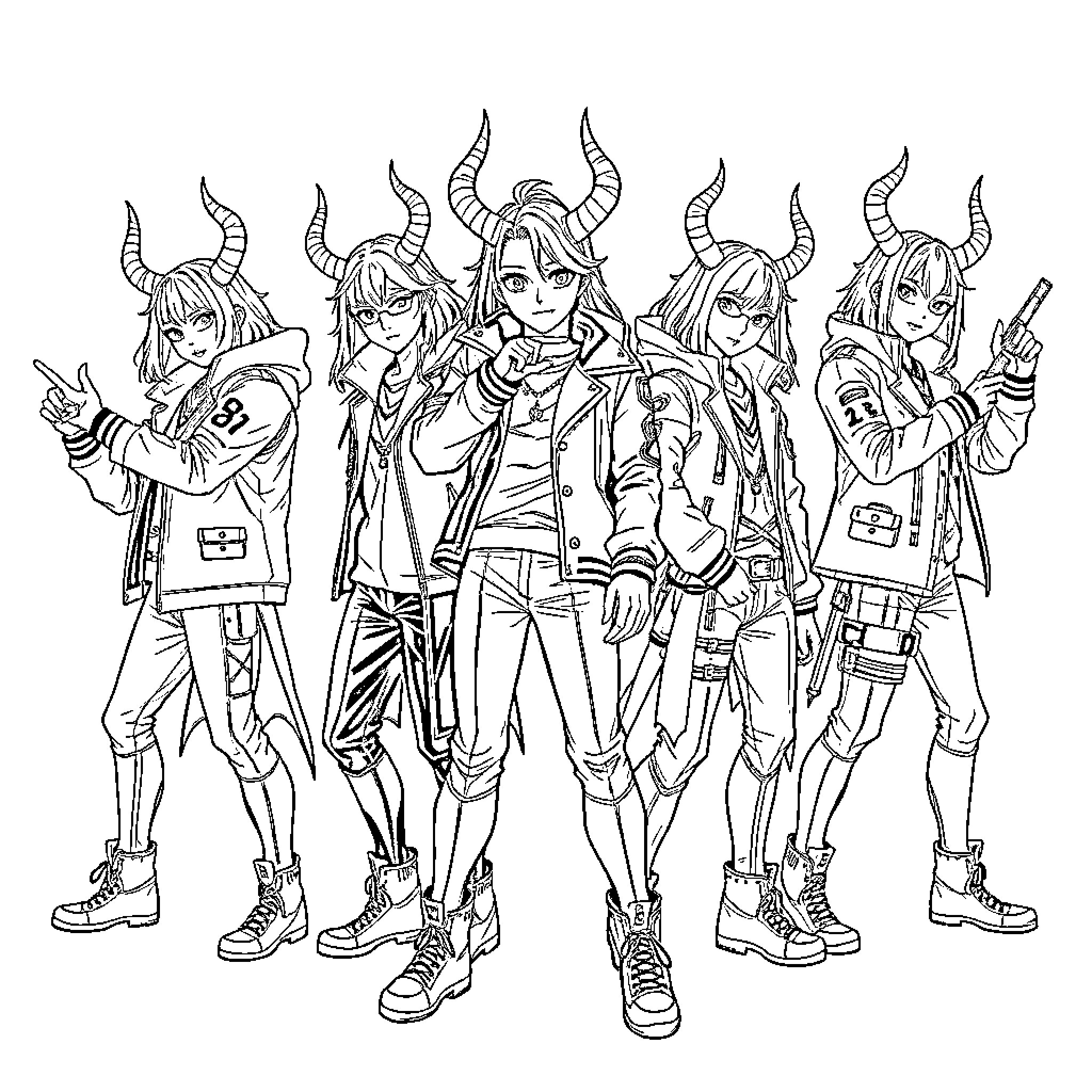 Demon Hunter Squad in Action Poses Coloring Page (free black-and-white line drawing printable PDF for all, from beginners to advanced learners, including children, teens, adults, and seniors)