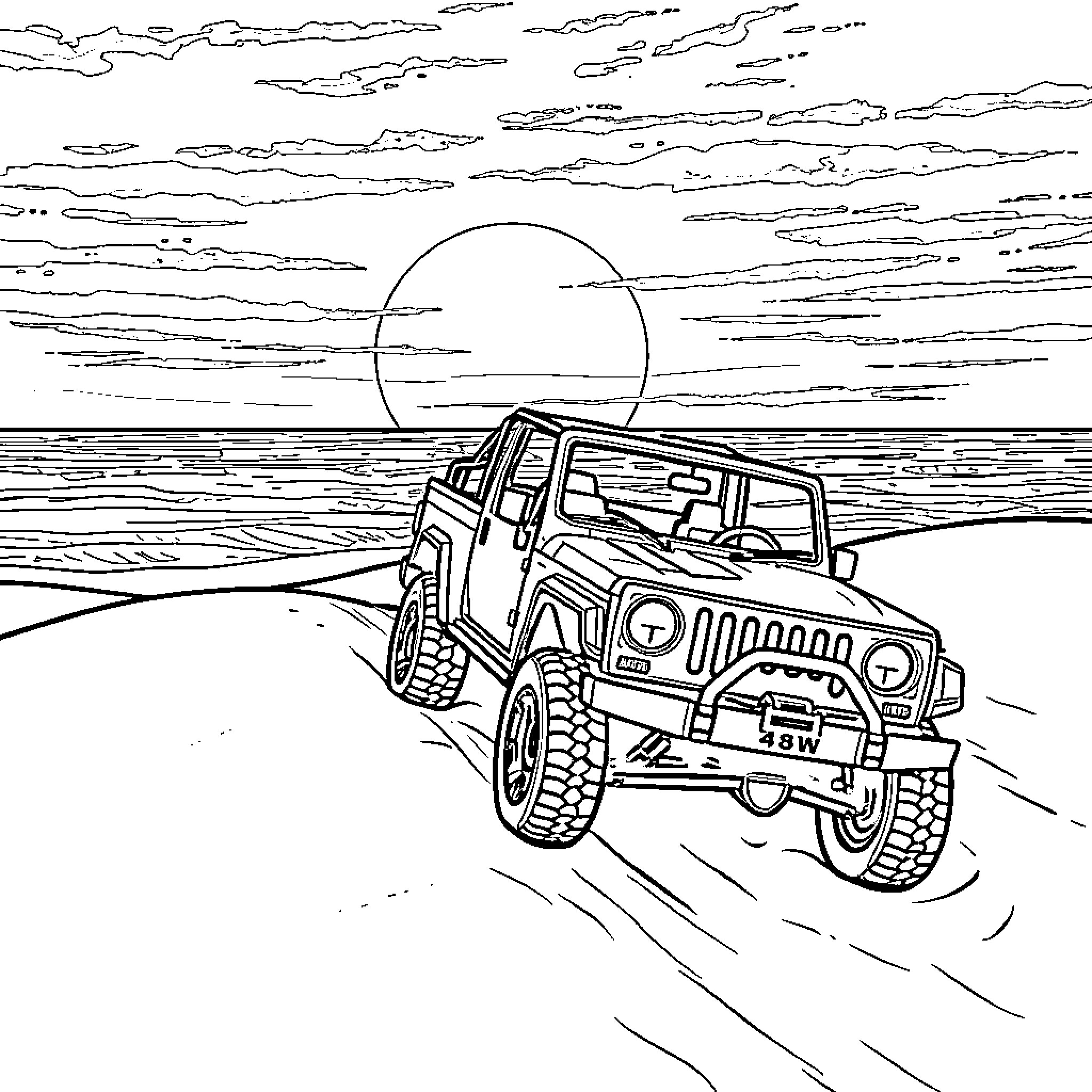 Ute traversing rugged terrain under moonlit sky Coloring Page (free black-and-white line drawing printable PDF for all, from beginners to advanced learners, including children, teens, adults, and seniors)
