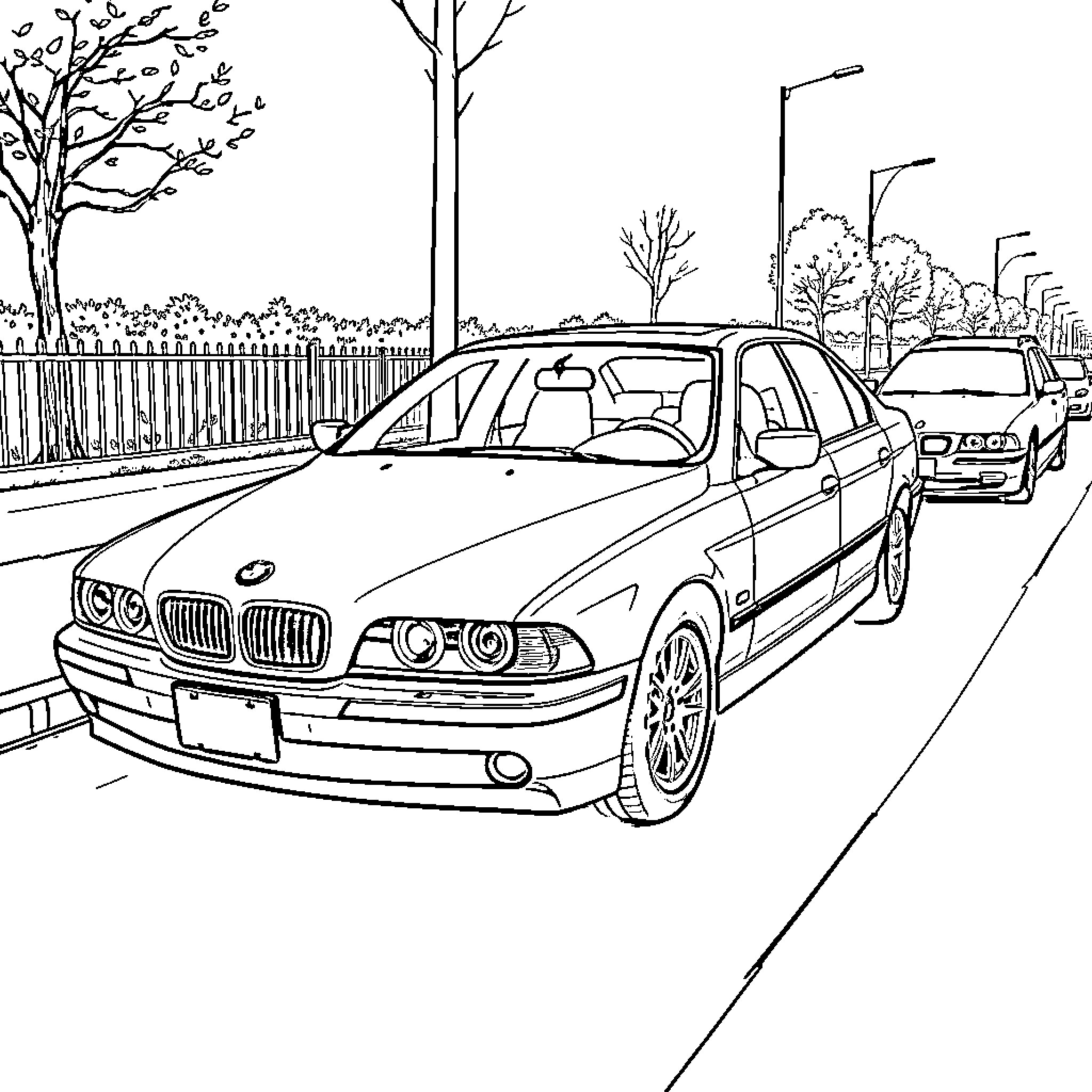 BMW cars on suburban street with trees Coloring Page (free black-and-white line drawing printable PDF for all, from beginners to advanced learners, including children, teens, adults, and seniors)