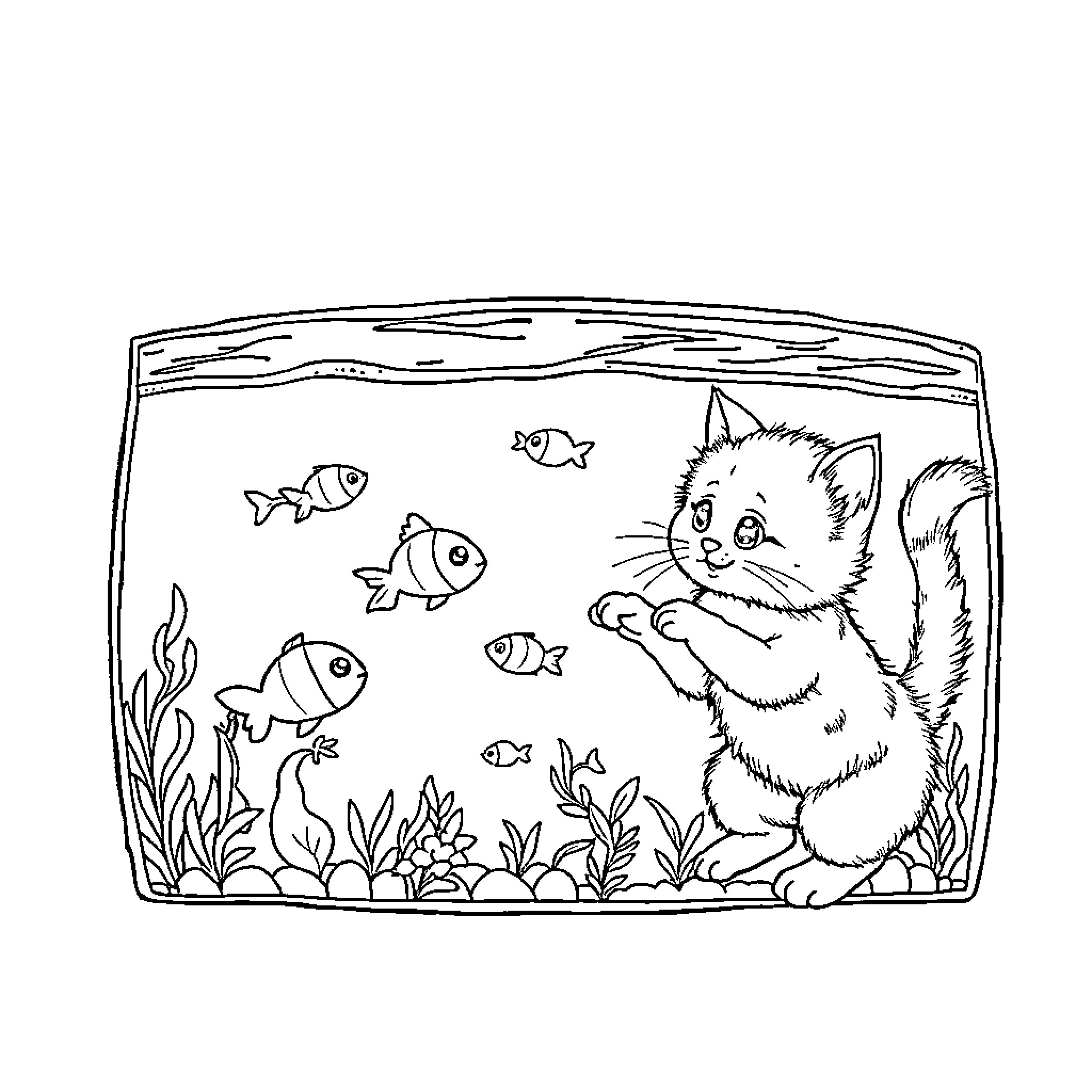 Kitty Exploring the Aquarium Scenery Coloring Page (free black-and-white line drawing printable PDF for all, from beginners to advanced learners, including children, teens, adults, and seniors)