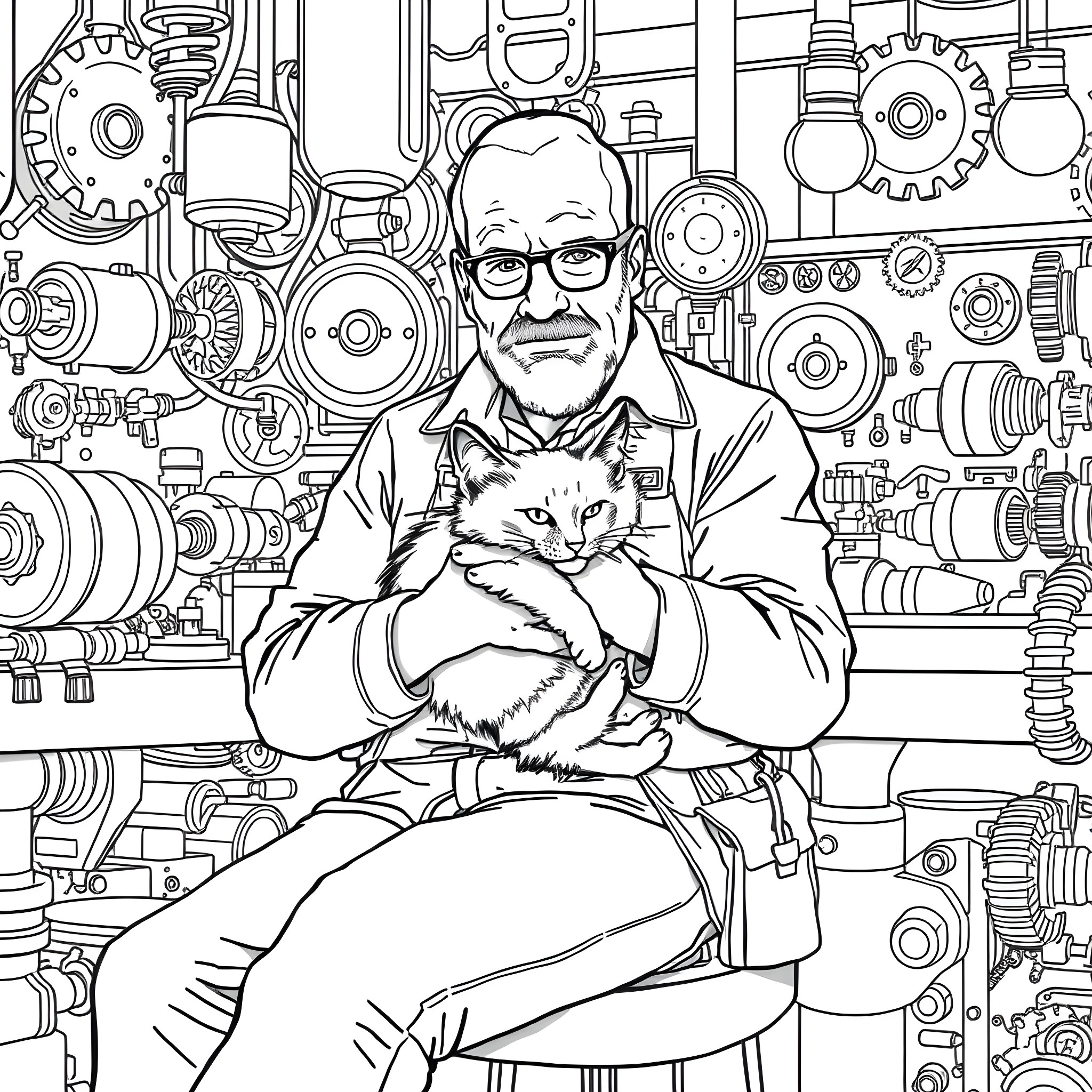 Heisenberg's Casual Contemplation with Feline Companion Coloring Page (free black-and-white line drawing printable PDF for all, from beginners to advanced learners, including children, teens, adults, and seniors)