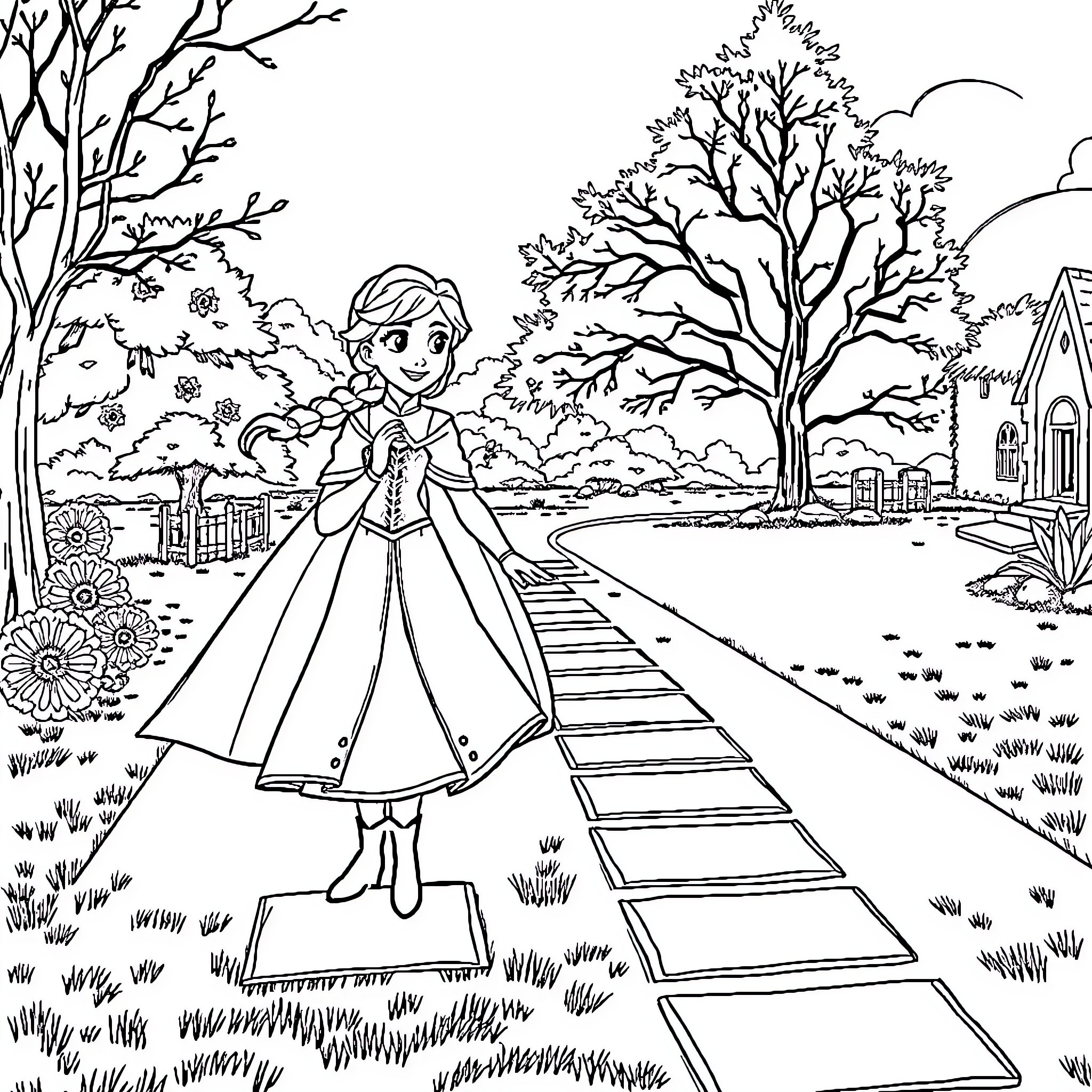 Anna and Elsa exploring the enchanted forest Coloring Page (free black-and-white line drawing printable PDF for all, from beginners to advanced learners, including children, teens, adults, and seniors)