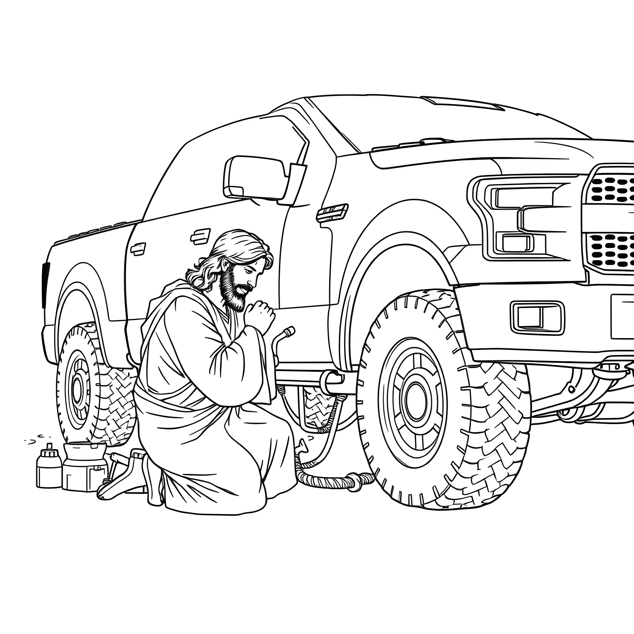 Jesus kneeling and praying beside a pickup truck Coloring Page (free black-and-white line drawing printable PDF for all, from beginners to advanced learners, including children, teens, adults, and seniors)