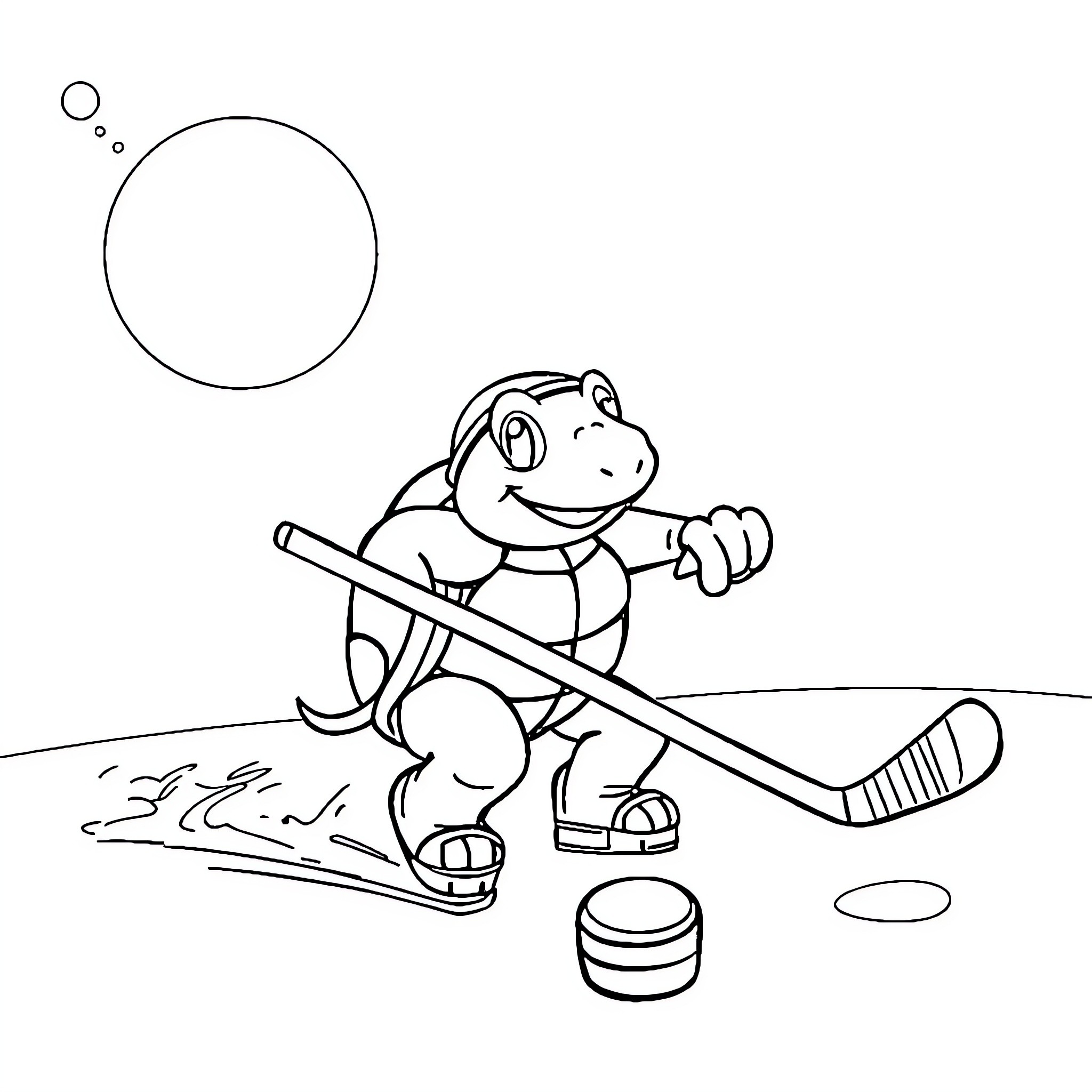 Turtle playing hockey on the ice Coloring Page (free black-and-white line drawing printable PDF for all, from beginners to advanced learners, including children, teens, adults, and seniors)