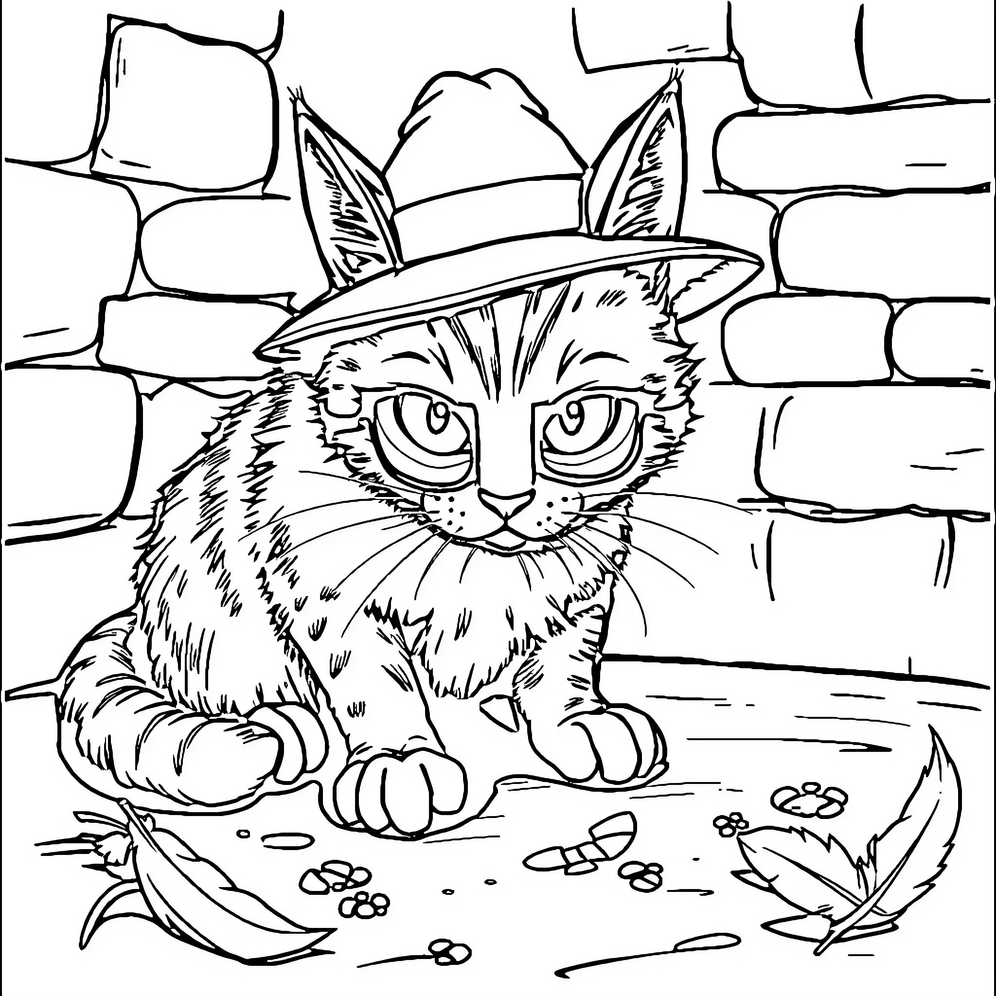 Cat peering curiously from brick wall Coloring Page (free black-and-white line drawing printable PDF for all, from beginners to advanced learners, including children, teens, adults, and seniors)