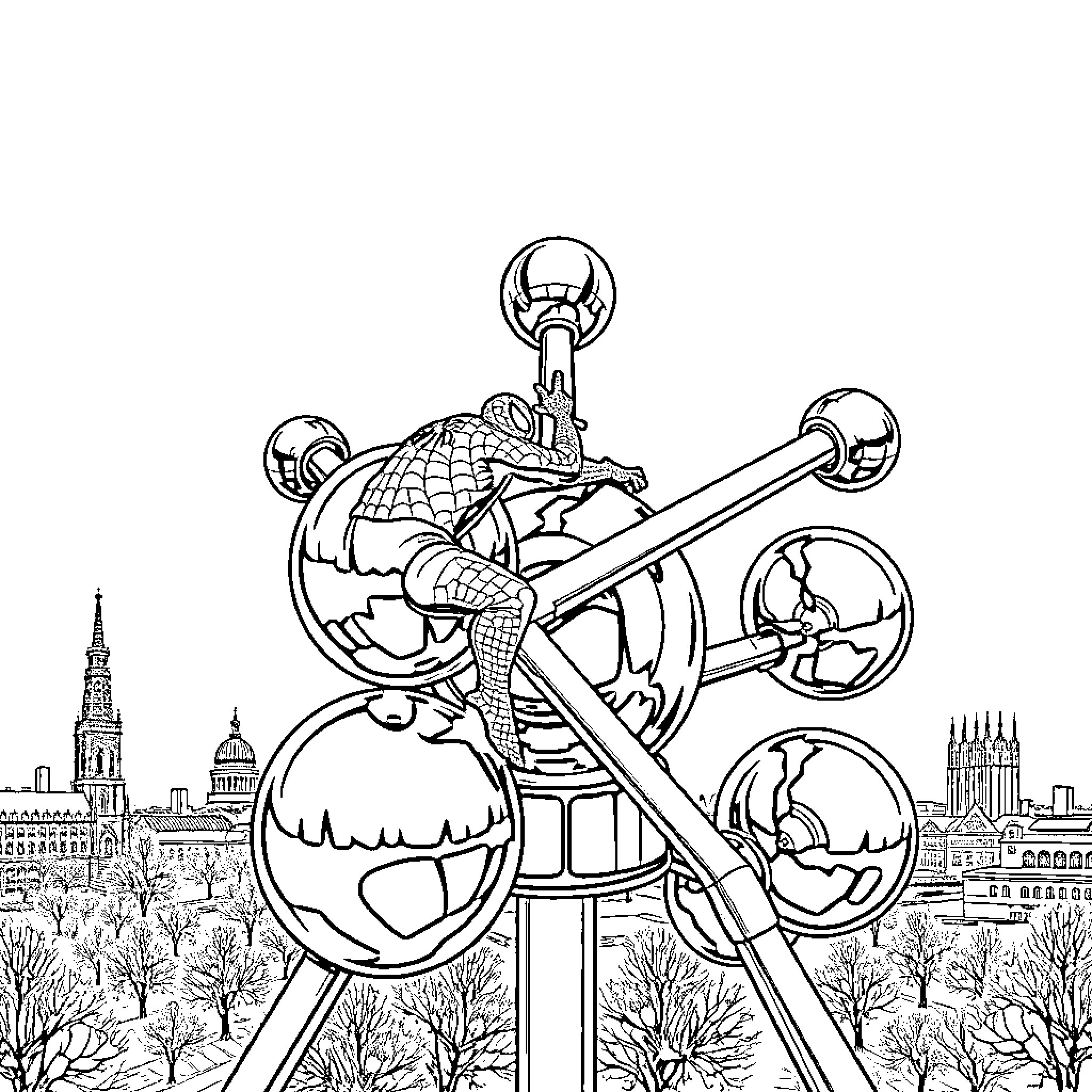 Spiderman swinging through cityscapes on webbing Coloring Page (free black-and-white line drawing printable PDF for all, from beginners to advanced learners, including children, teens, adults, and seniors)