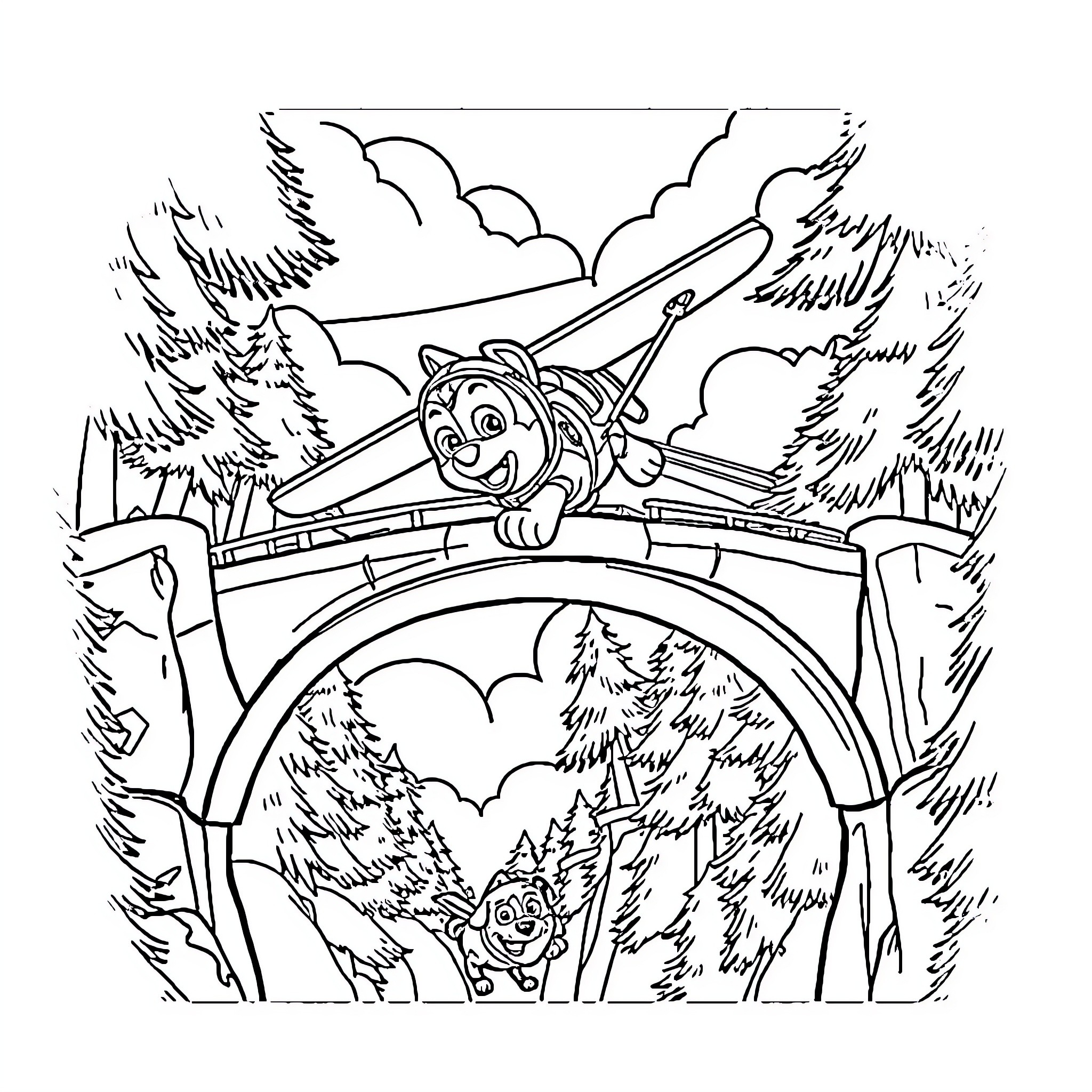 Chase the Adventure Through the Enchanted Forest Coloring Page (free black-and-white line drawing printable PDF for all, from beginners to advanced learners, including children, teens, adults, and seniors)