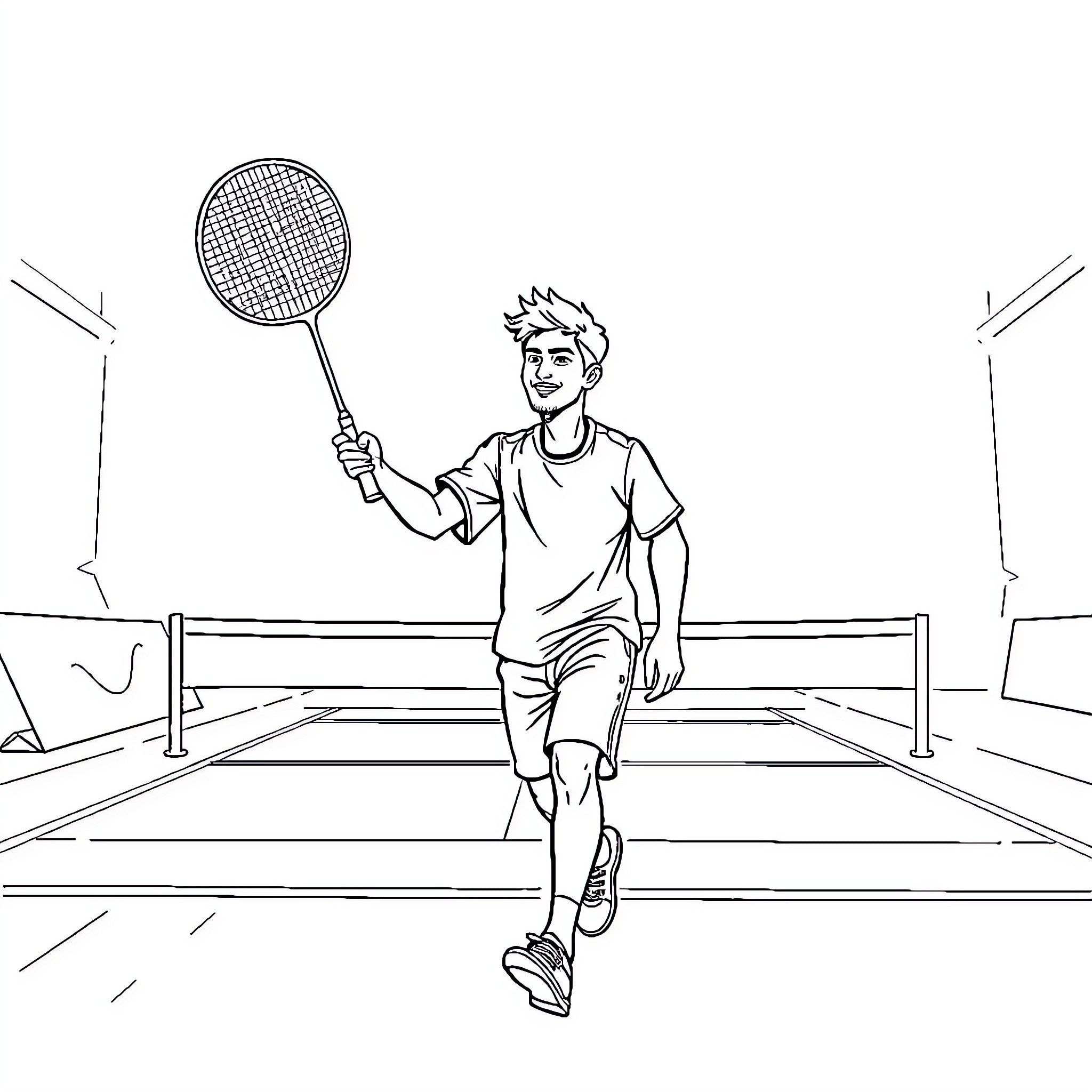 Guy playing tennis on the court Coloring Page (free black-and-white line drawing printable PDF for all, from beginners to advanced learners, including children, teens, adults, and seniors)