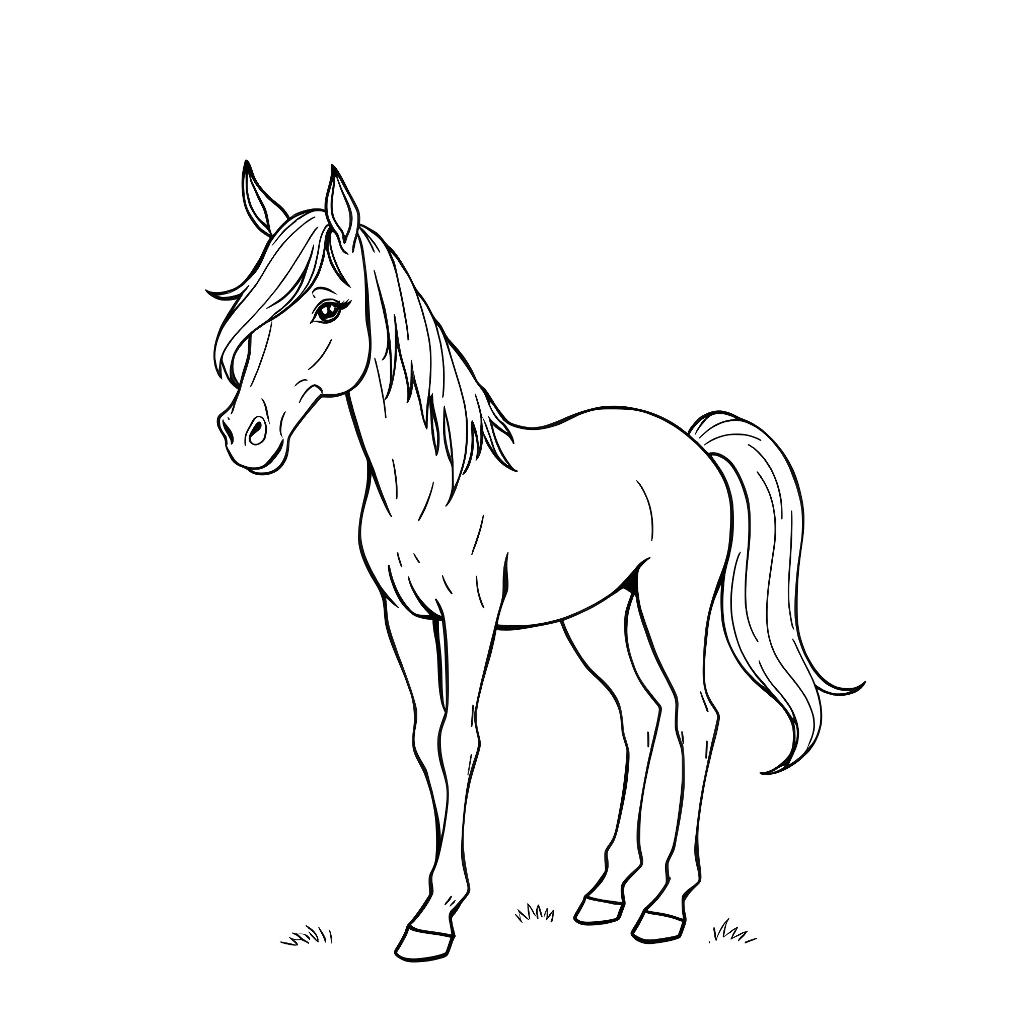 Horsegirl standing in a field Coloring Page (free black-and-white line drawing printable PDF for all, from beginners to advanced learners, including children, teens, adults, and seniors)