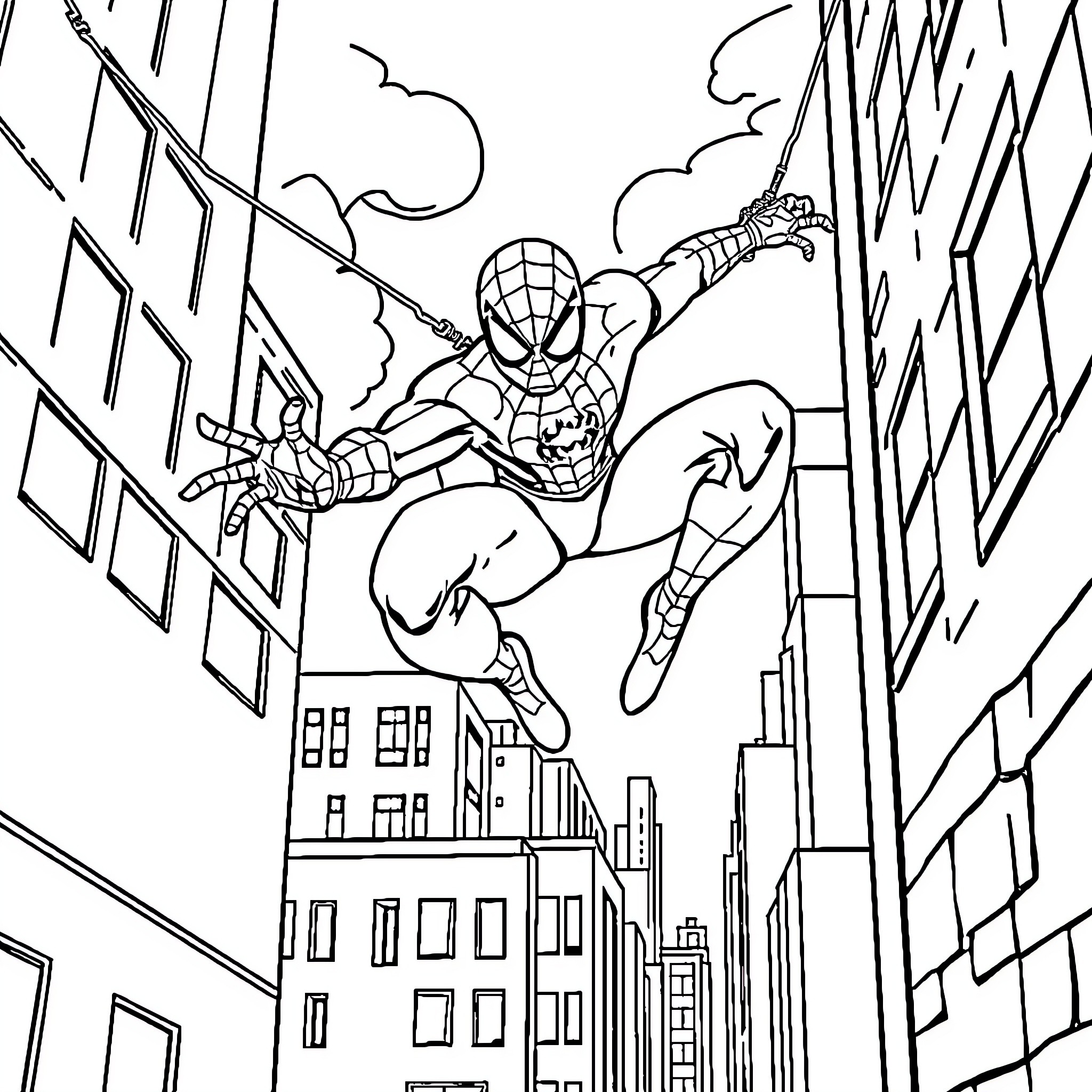 Spider-Man swinging through the city skyline Coloring Page (free black-and-white line drawing printable PDF for all, from beginners to advanced learners, including children, teens, adults, and seniors)