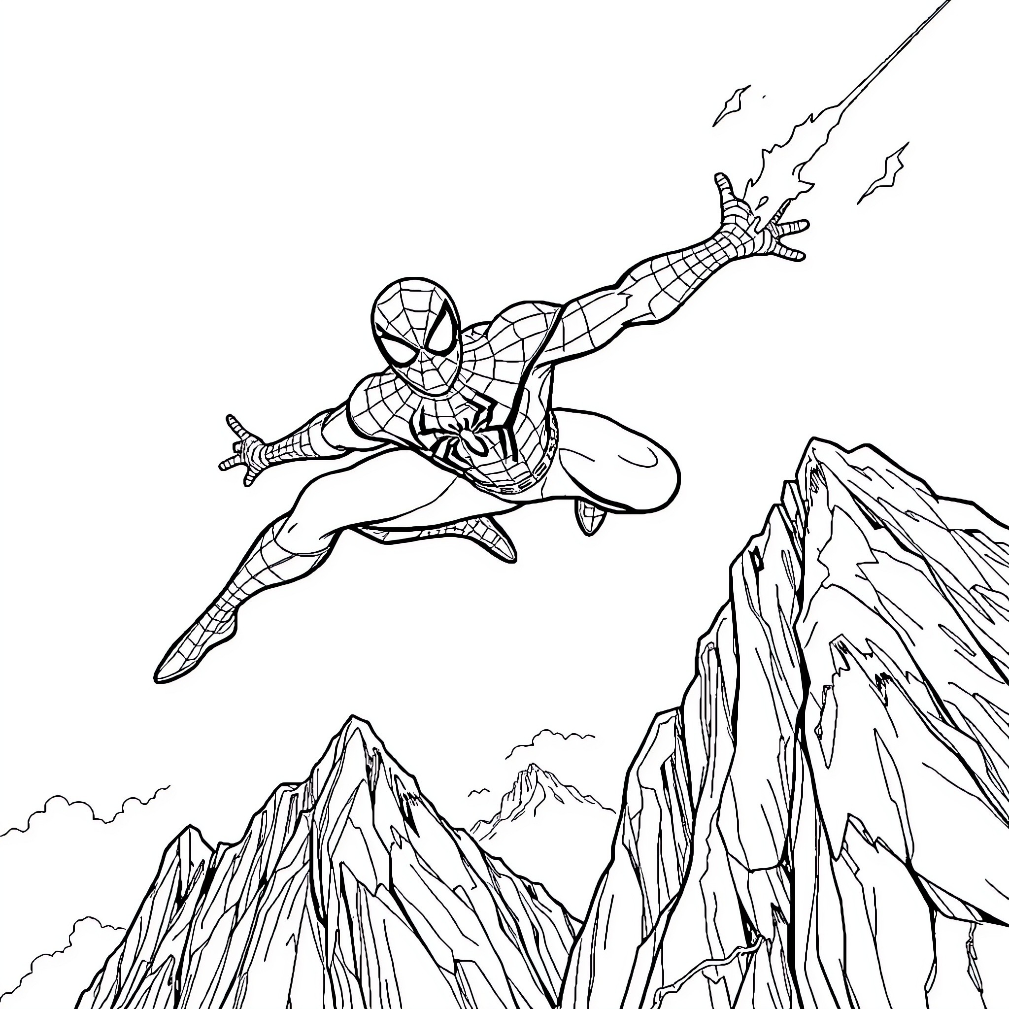 Spider-Man swinging heroically through the mountains Coloring Page (free black-and-white line drawing printable PDF for all, from beginners to advanced learners, including children, teens, adults, and seniors)