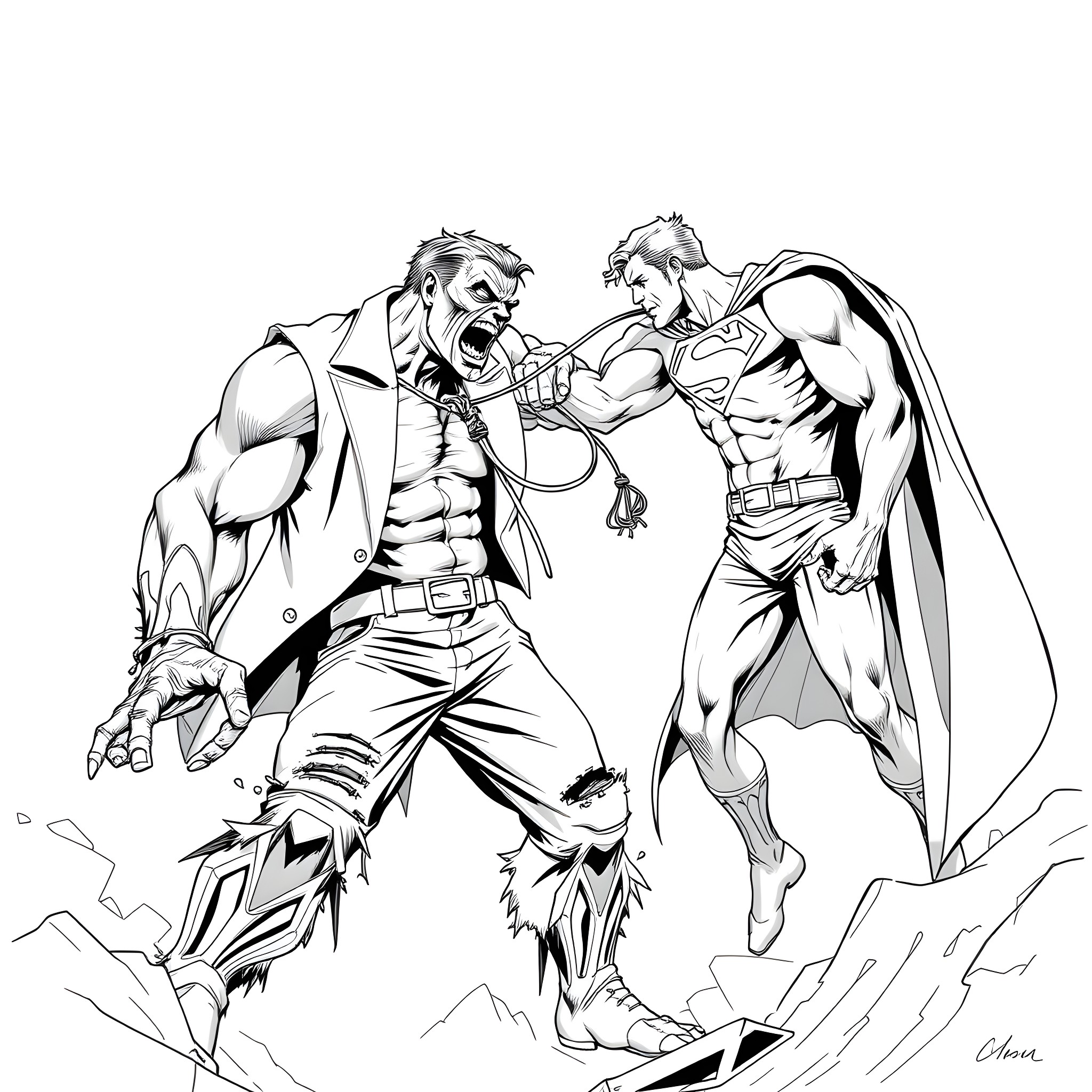 Zombie Hulk battling a heroic figure in a climactic confrontation Coloring Page (free black-and-white line drawing printable PDF for all, from beginners to advanced learners, including children, teens, adults, and seniors)