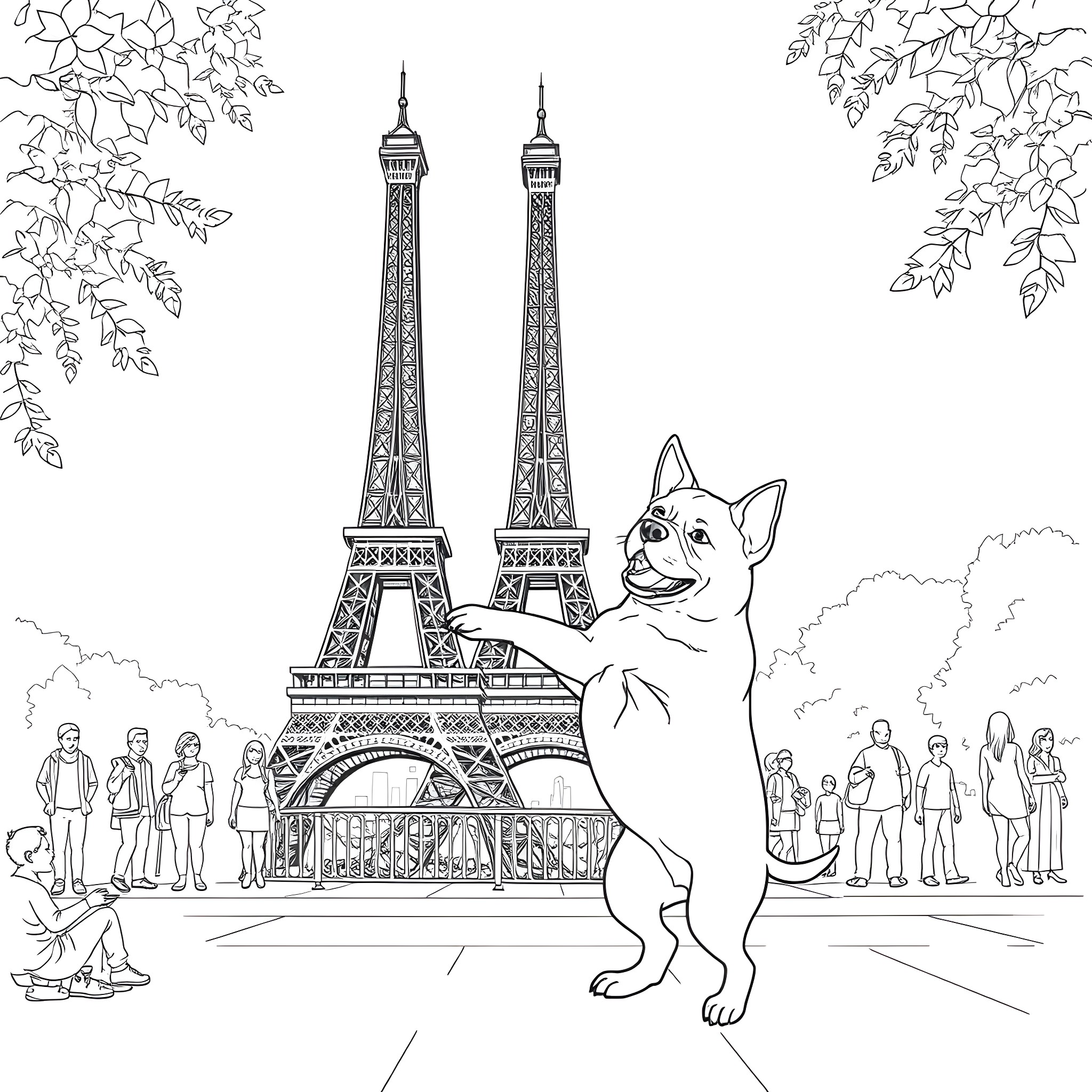 Dog exploring the iconic Eiffel Tower in Paris Coloring Page (free black-and-white line drawing printable PDF for all, from beginners to advanced learners, including children, teens, adults, and seniors)