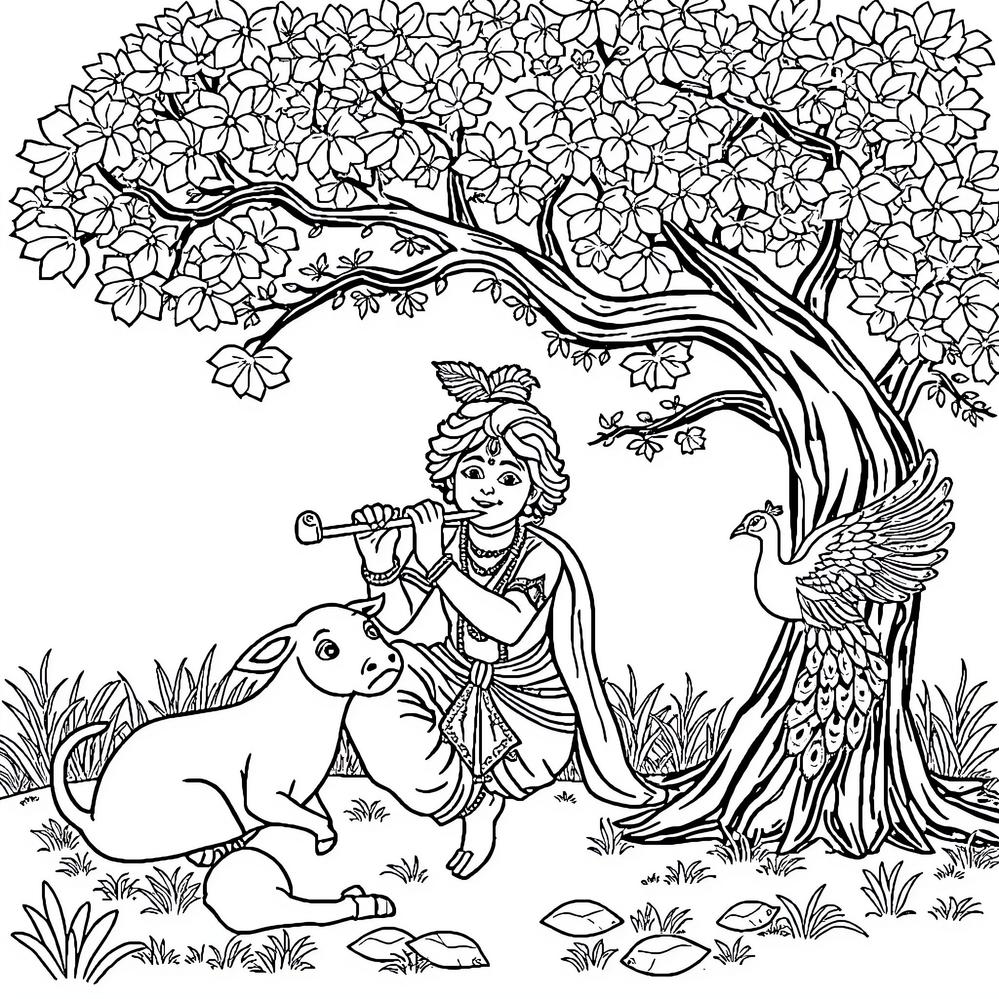 Krishna playing with peacock and cow in flowery garden Coloring Page (free black-and-white line drawing printable PDF for all, from beginners to advanced learners, including children, teens, adults, and seniors)