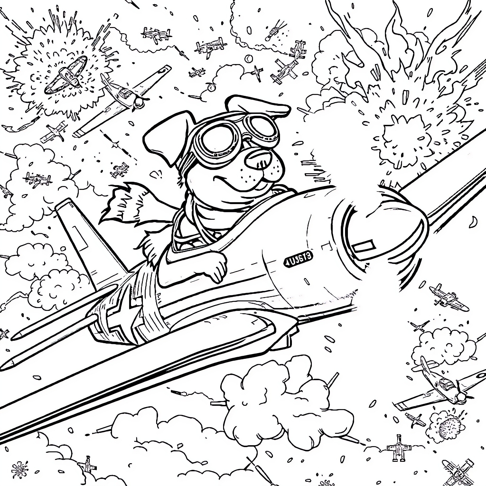 Dog Pilot Soaring Through Exciting Aerial Dogfight Coloring Page (free black-and-white line drawing printable PDF for all, from beginners to advanced learners, including children, teens, adults, and seniors)