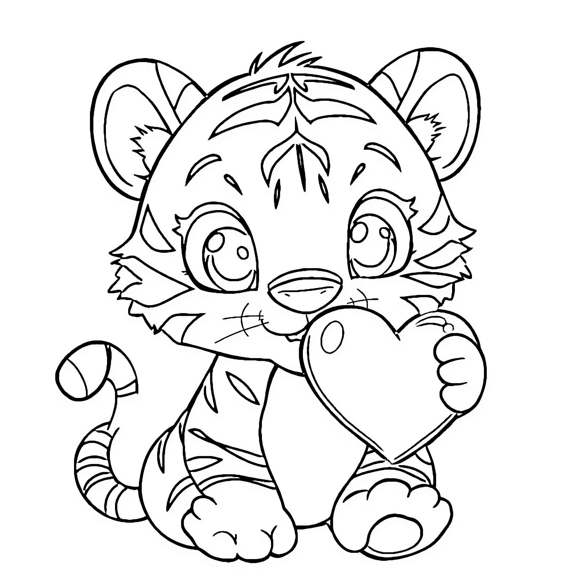 Tiger cub with heart-shaped toy Coloring Page (free black-and-white line drawing printable PDF for all, from beginners to advanced learners, including children, teens, adults, and seniors)