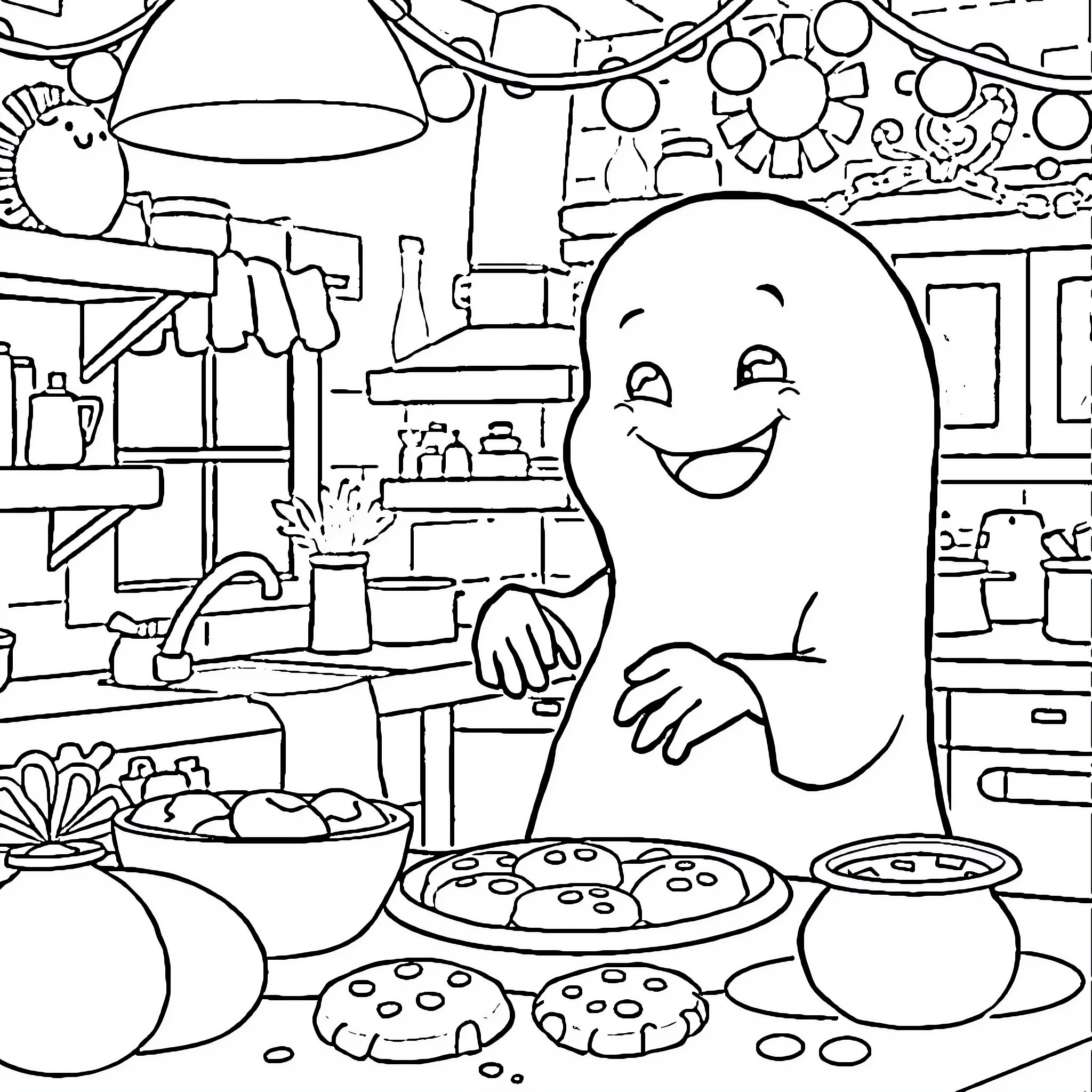 Ghost having a joyful cooking session in the kitchen Coloring Page (free black-and-white line drawing printable PDF for all, from beginners to advanced learners, including children, teens, adults, and seniors)