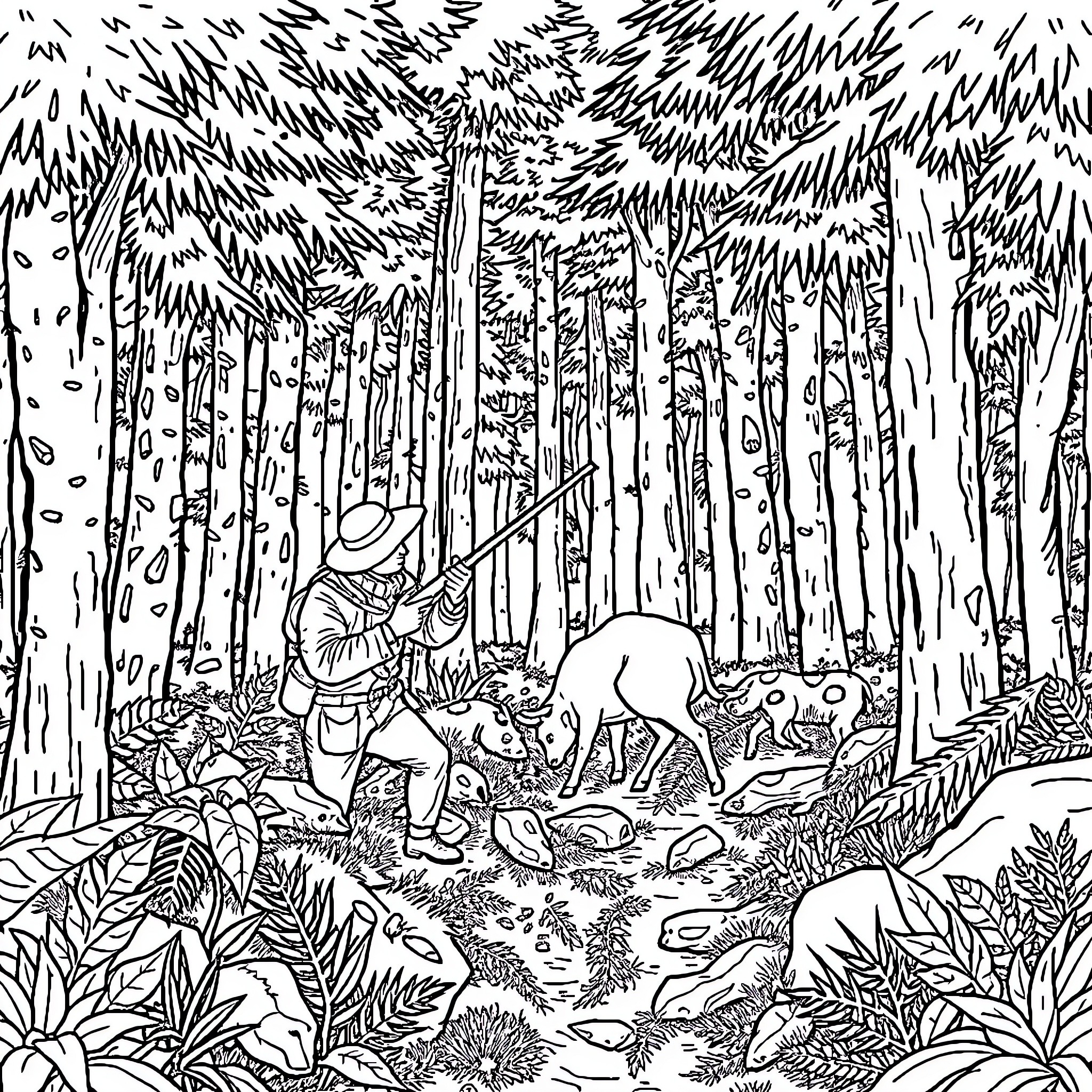 Hunting in the Lush Forest Coloring Page (free black-and-white line drawing printable PDF for all, from beginners to advanced learners, including children, teens, adults, and seniors)