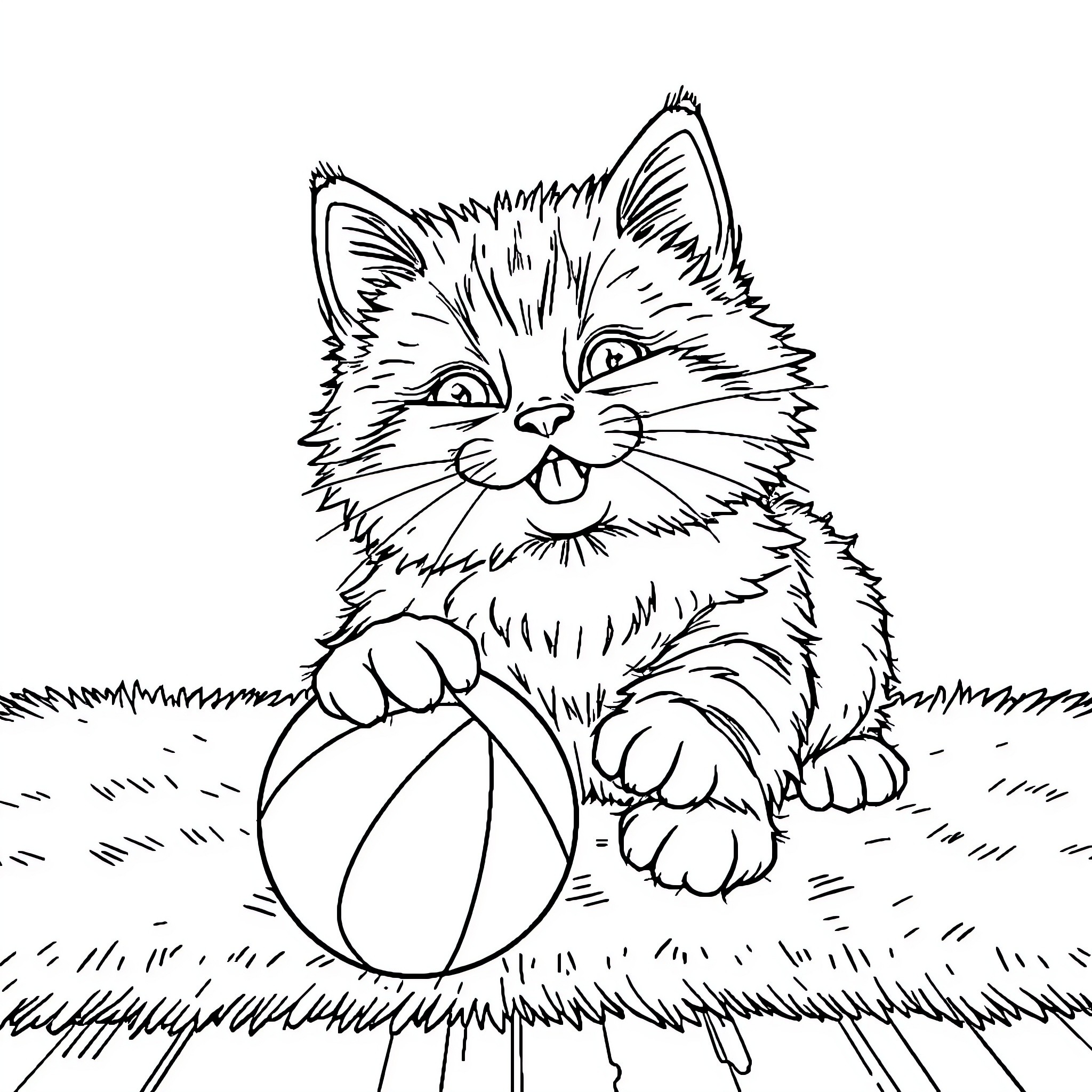 Cat playing with a ball in the yard Coloring Page (free black-and-white line drawing printable PDF for all, from beginners to advanced learners, including children, teens, adults, and seniors)