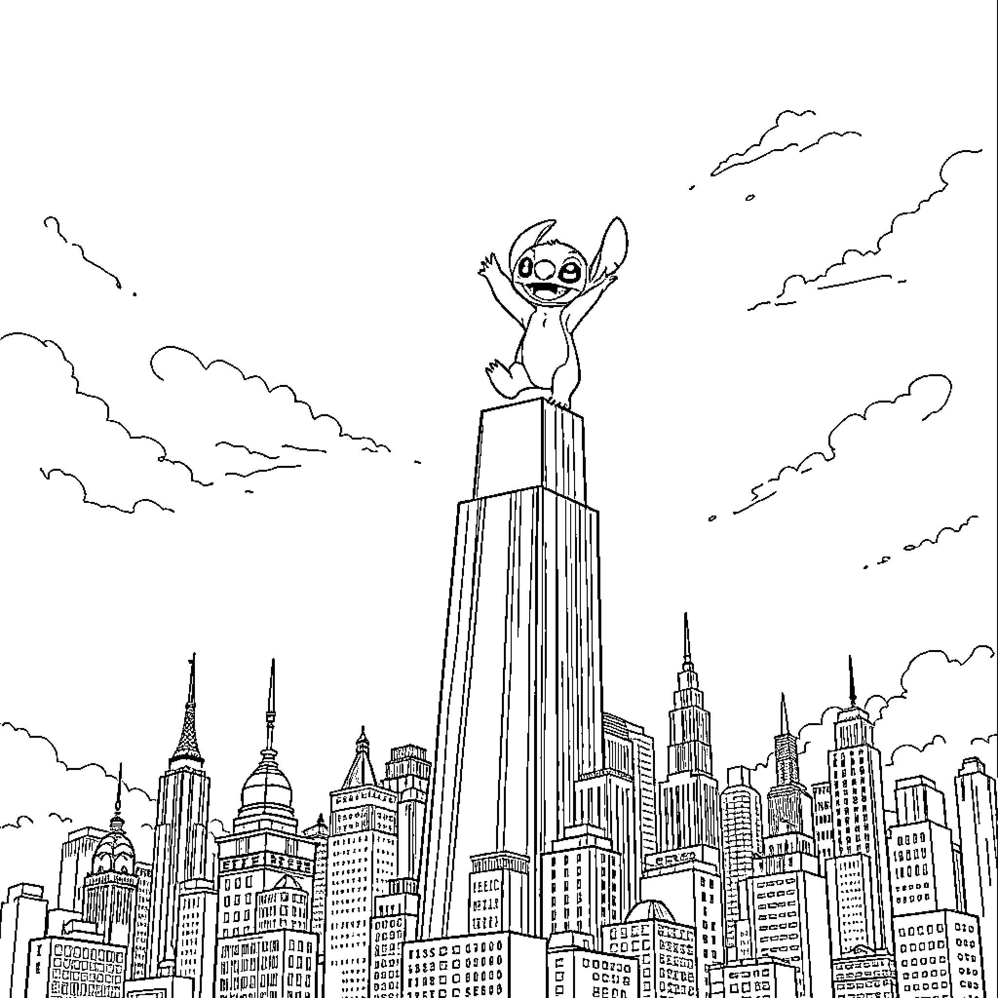 Stitch exploring the city skyline Coloring Page (free black-and-white line drawing printable PDF for all, from beginners to advanced learners, including children, teens, adults, and seniors)