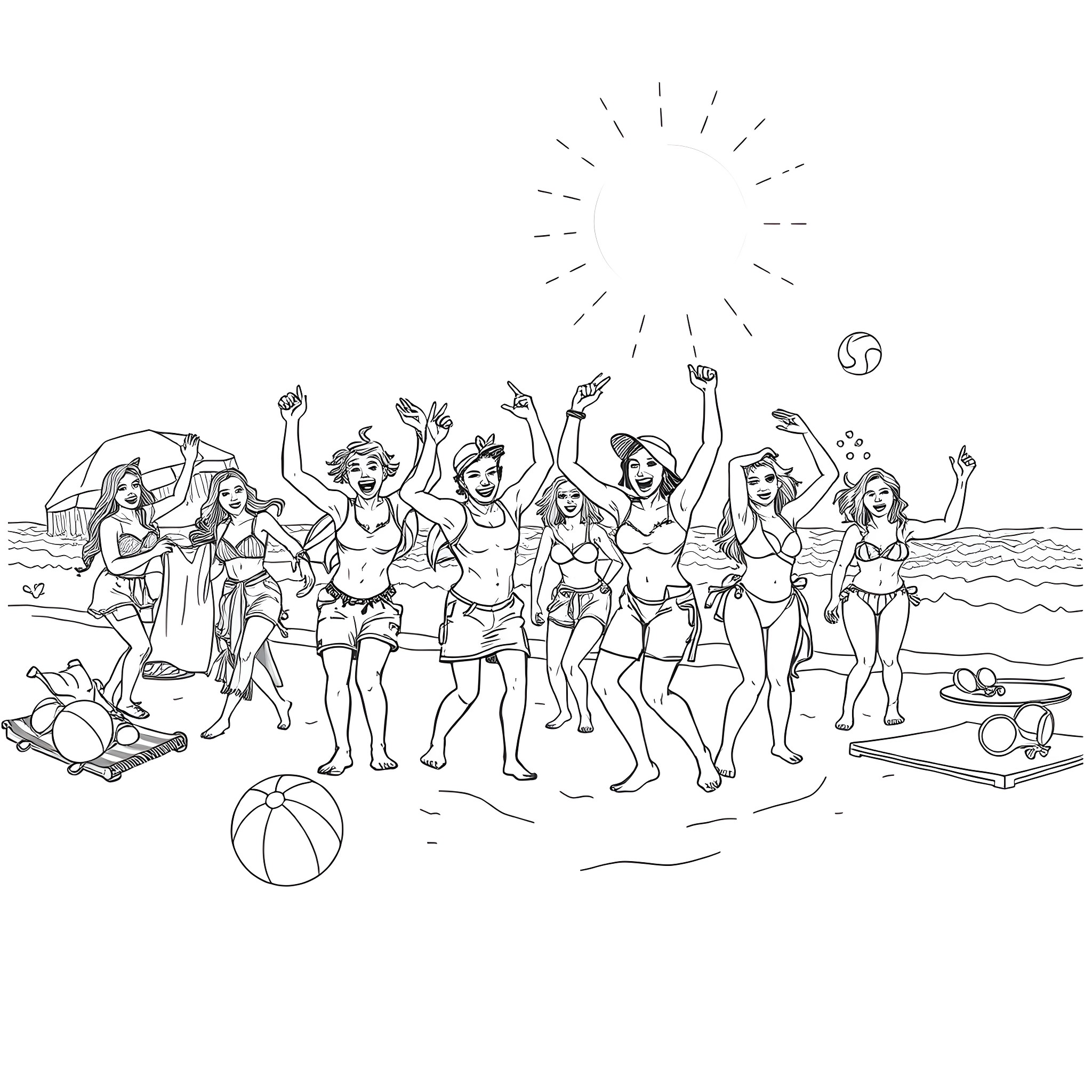 Freak Beach Party: Outrageous Outfits and Energetic Expressions Coloring Page (free black-and-white line drawing printable PDF for all, from beginners to advanced learners, including children, teens, adults, and seniors)