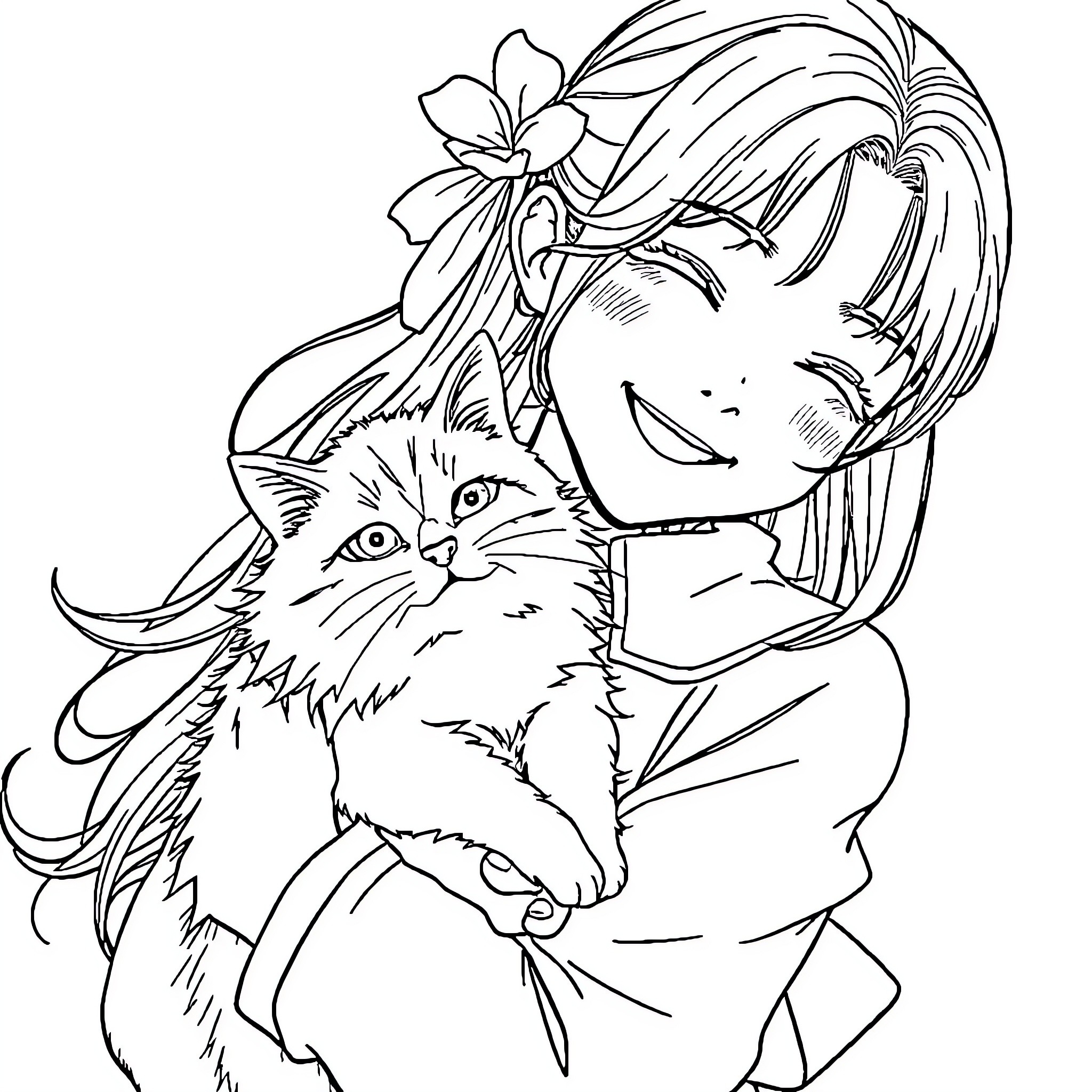Rumi hugging a fluffy cat affectionately Coloring Page (free black-and-white line drawing printable PDF for all, from beginners to advanced learners, including children, teens, adults, and seniors)