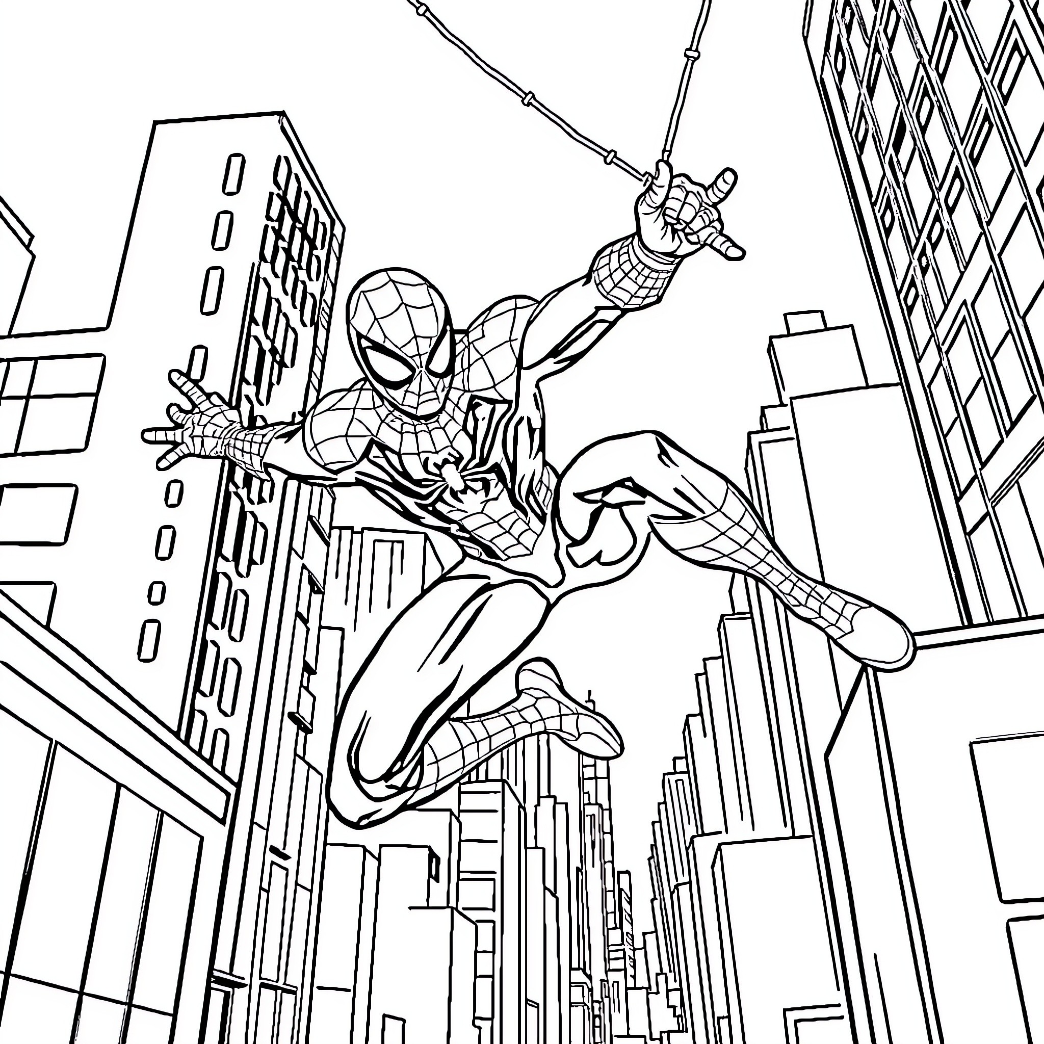 Spiderman swinging through the city skyline Coloring Page (free black-and-white line drawing printable PDF for all, from beginners to advanced learners, including children, teens, adults, and seniors)