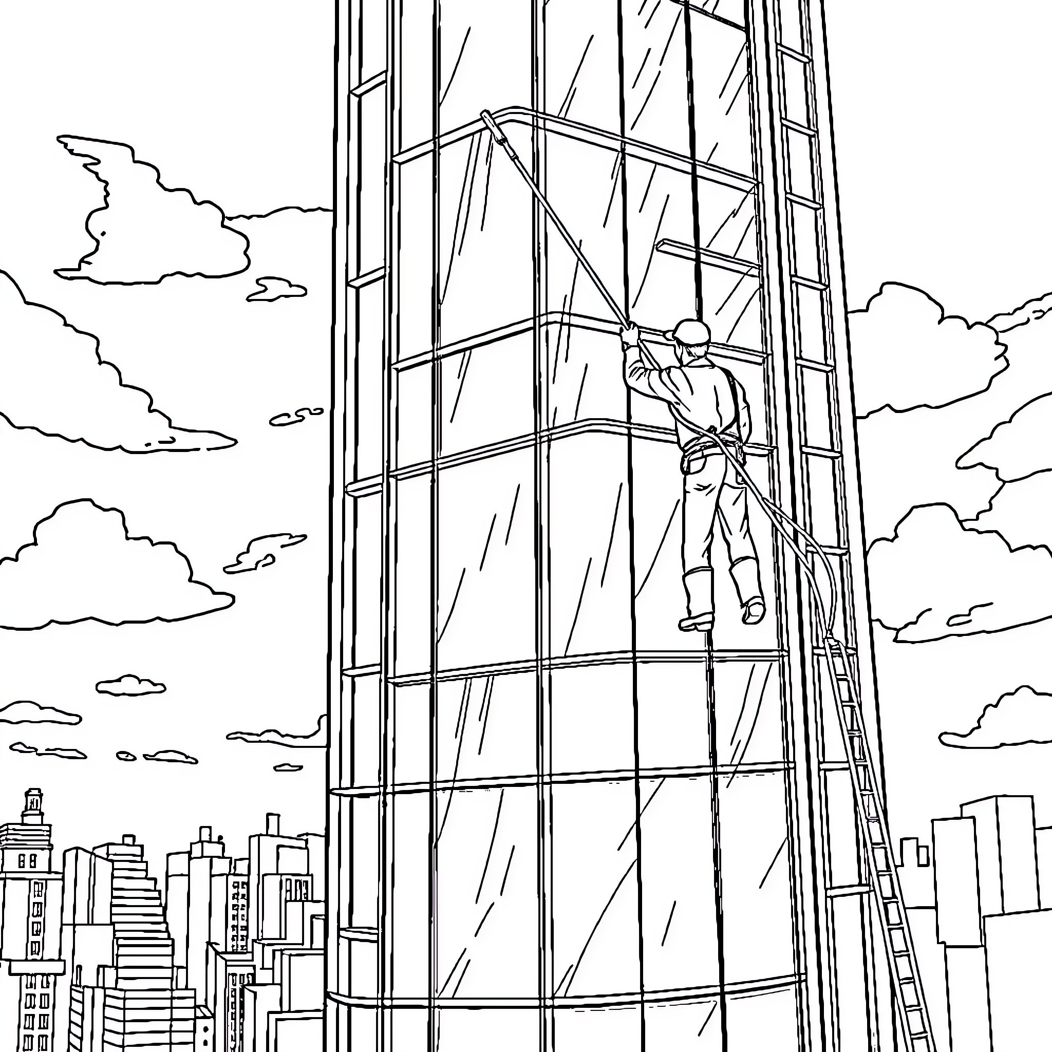 Windowcleaner scaling skyscraper in the city Coloring Page (free black-and-white line drawing printable PDF for all, from beginners to advanced learners, including children, teens, adults, and seniors)