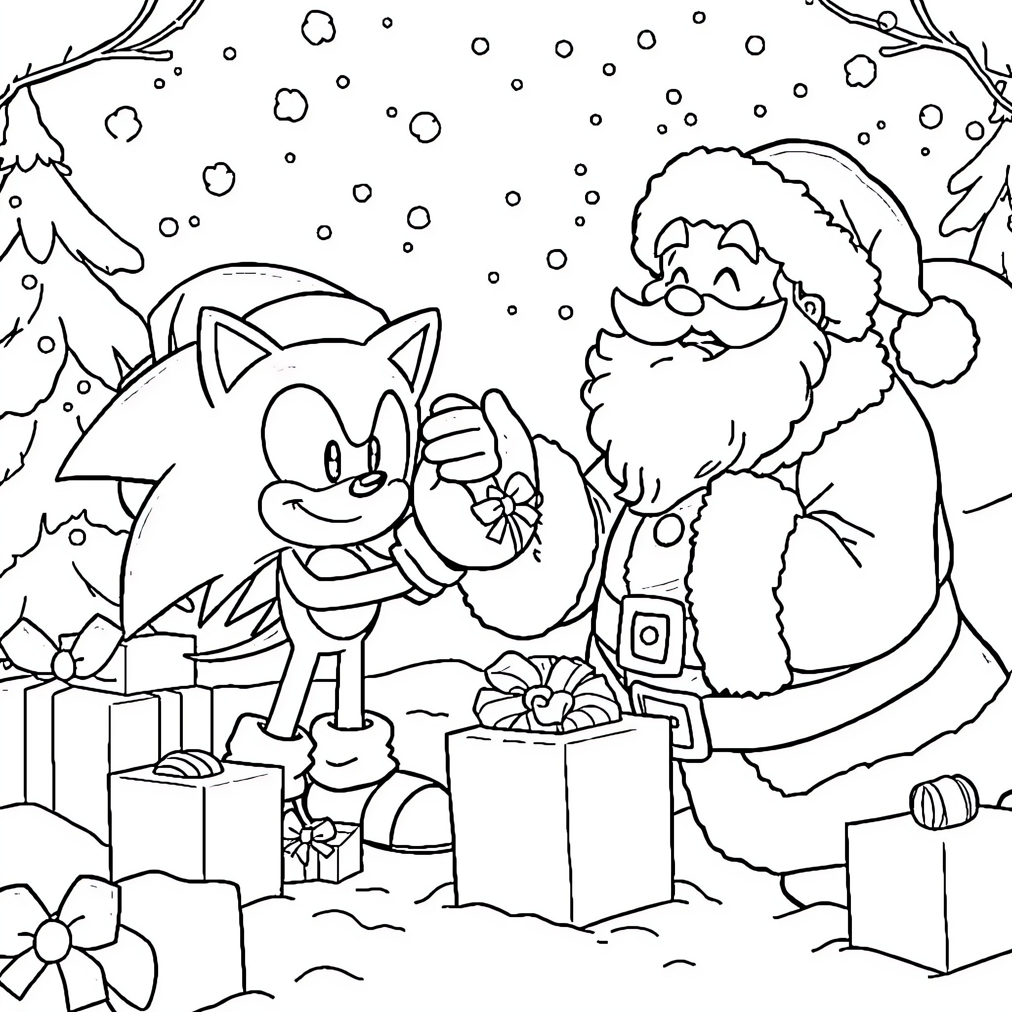 Sonic and Santa Claus enjoying snowy Christmas Coloring Page (free black-and-white line drawing printable PDF for all, from beginners to advanced learners, including children, teens, adults, and seniors)