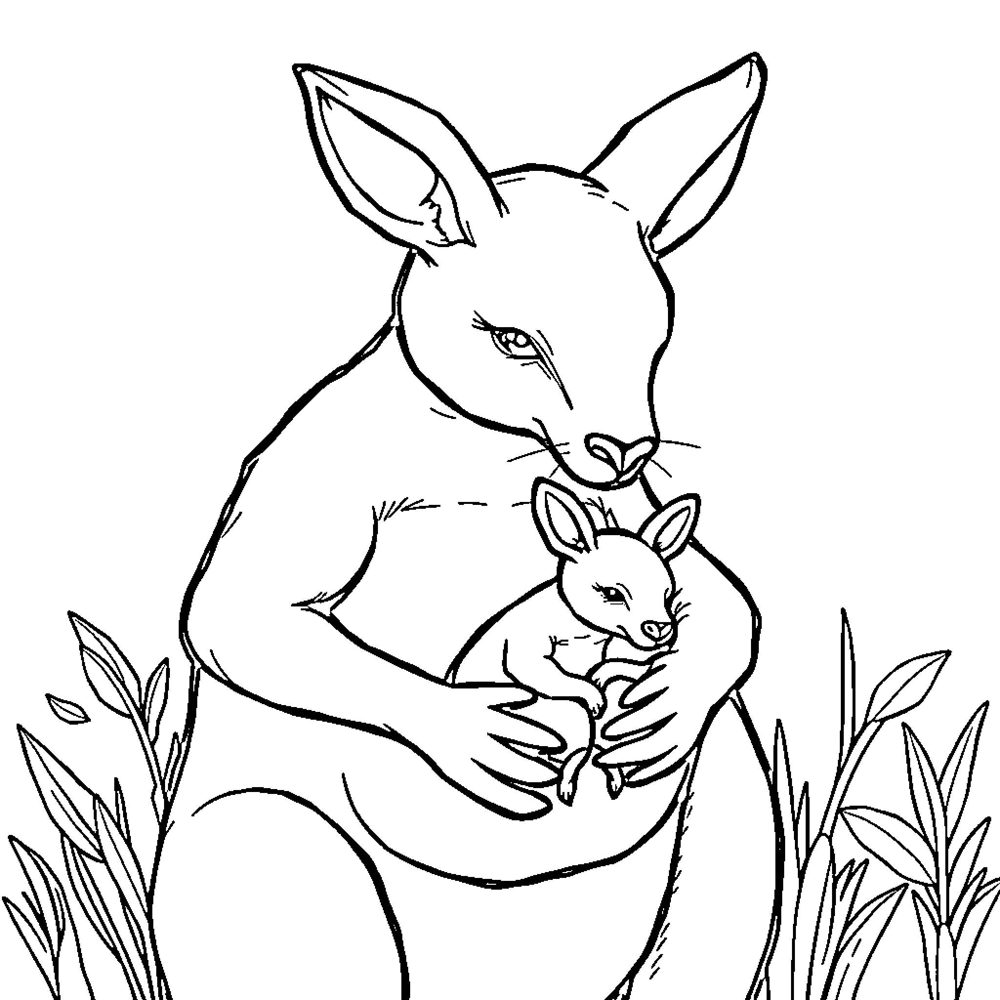 Kangaroo mother with joey in natural setting Coloring Page (free black-and-white line drawing printable PDF for all, from beginners to advanced learners, including children, teens, adults, and seniors)