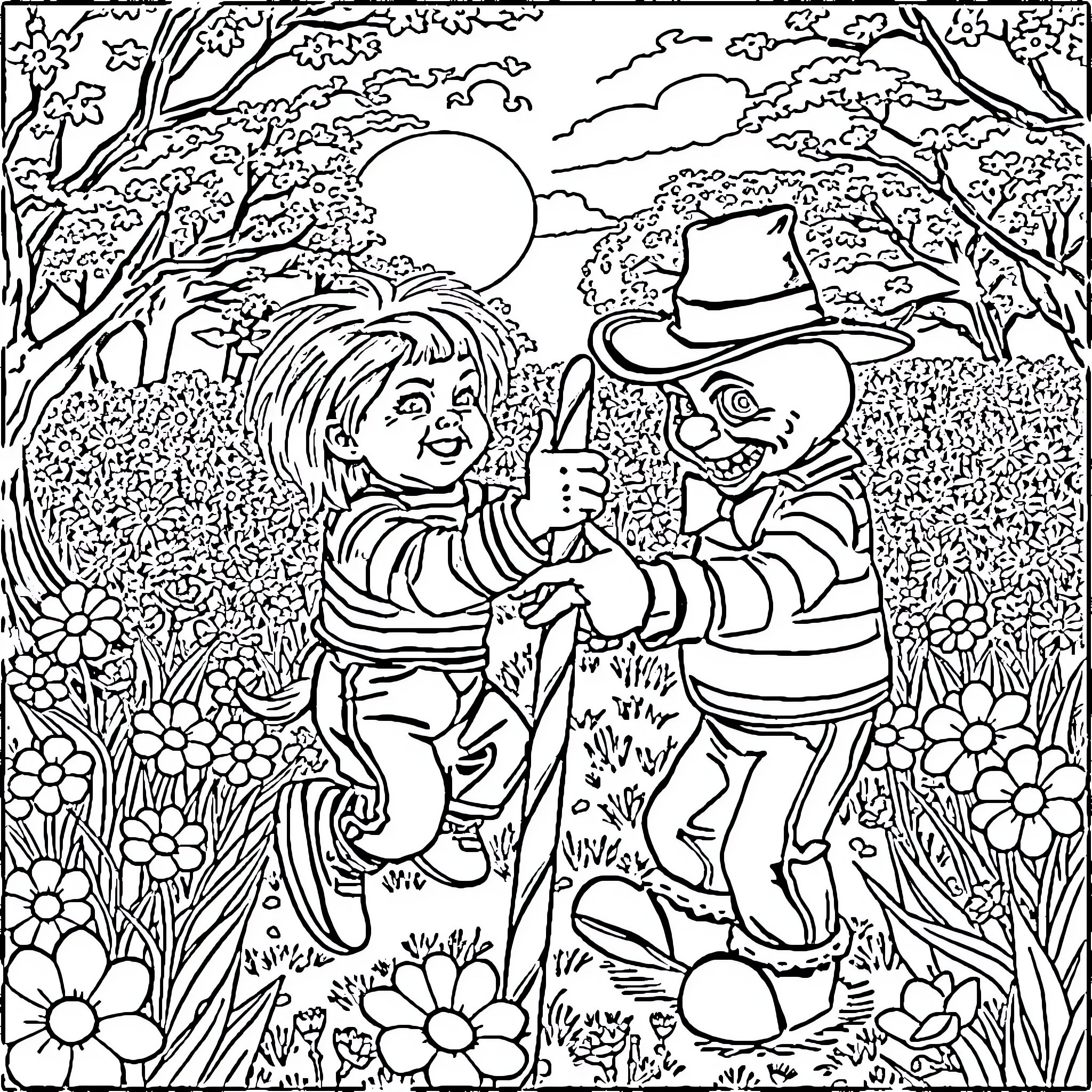 Chucky's Spooky Outdoor Adventure Coloring Page (free black-and-white line drawing printable PDF for all, from beginners to advanced learners, including children, teens, adults, and seniors)