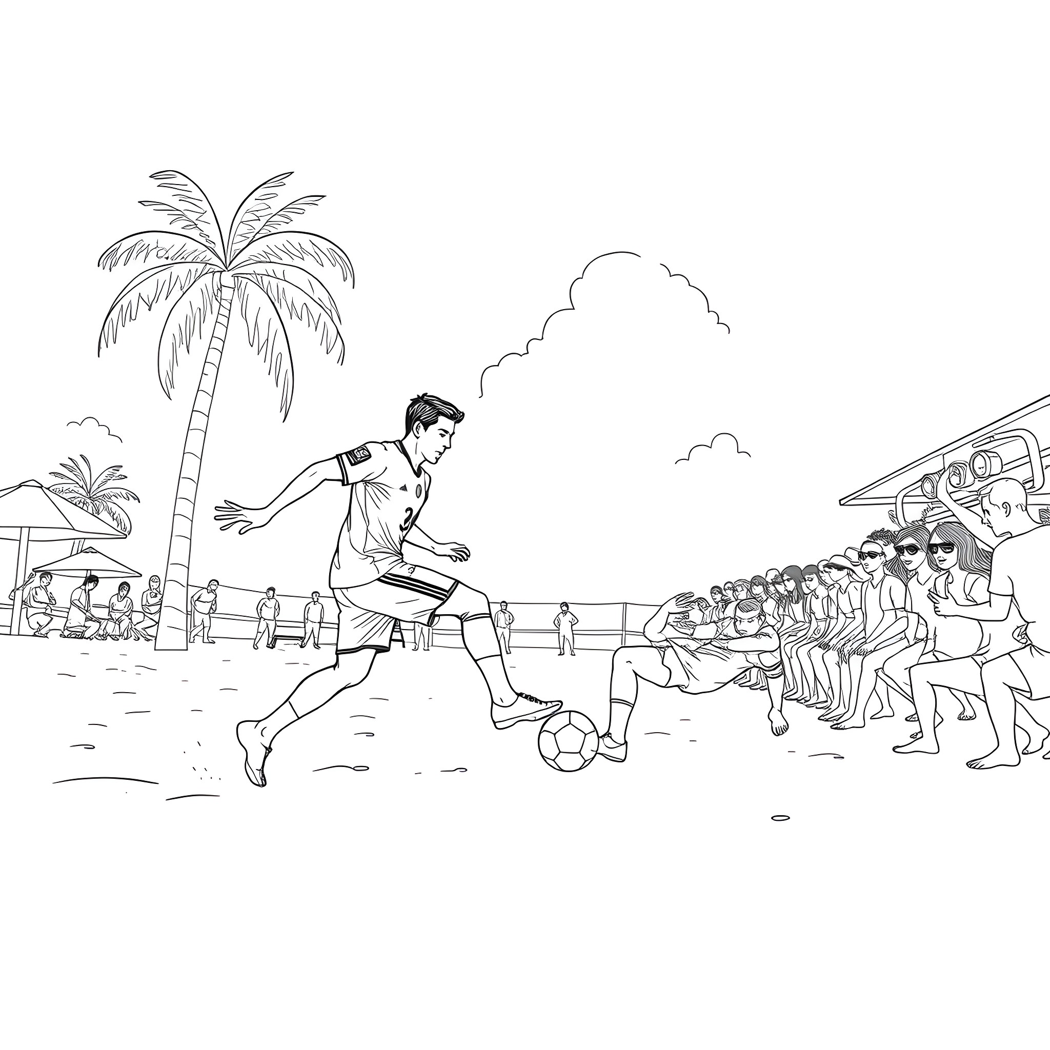 Ronaldo playing soccer on the beach with fans Coloring Page (free black-and-white line drawing printable PDF for all, from beginners to advanced learners, including children, teens, adults, and seniors)