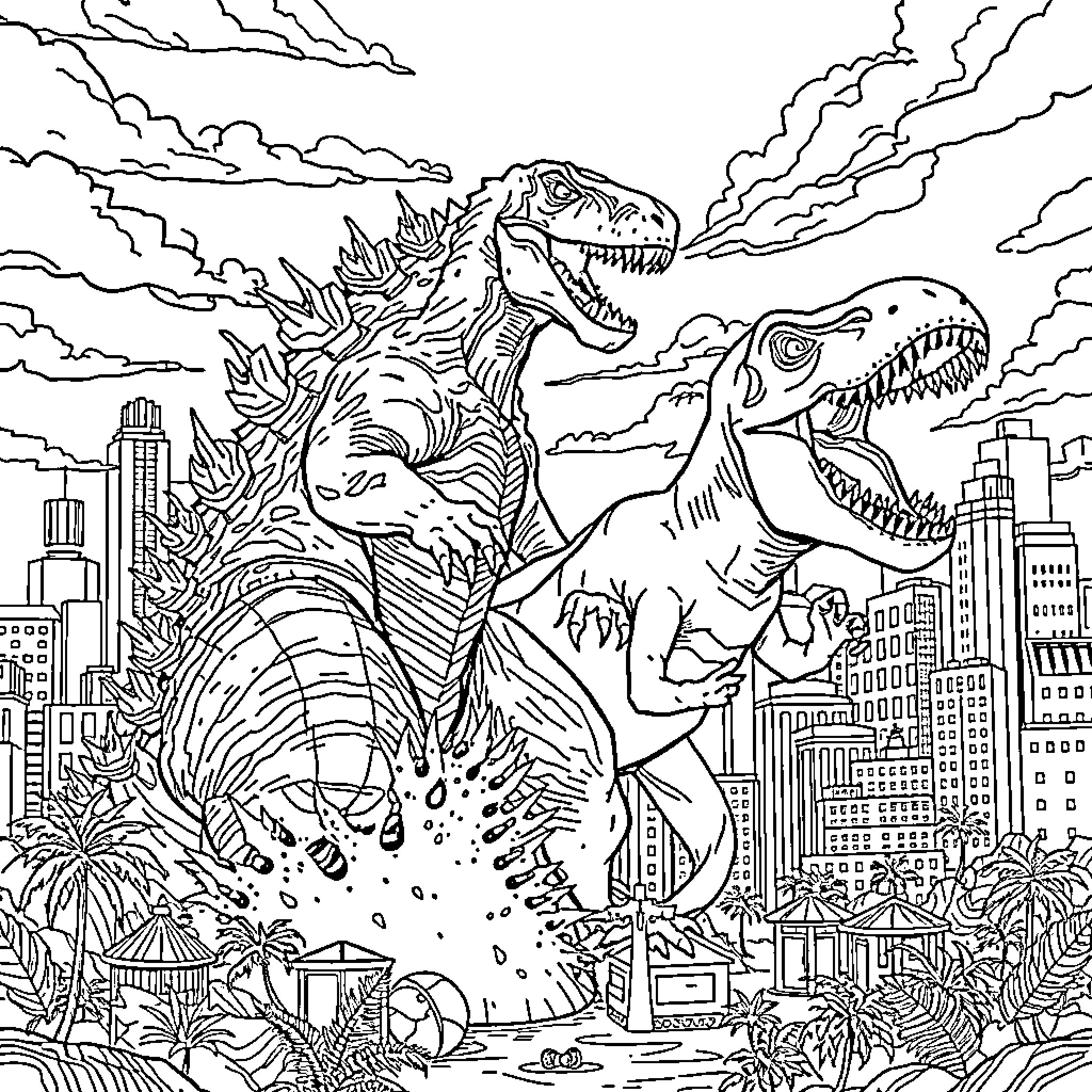 Godzilla and Dinosaur Clash in Chaotic City Coloring Page (free black-and-white line drawing printable PDF for all, from beginners to advanced learners, including children, teens, adults, and seniors)