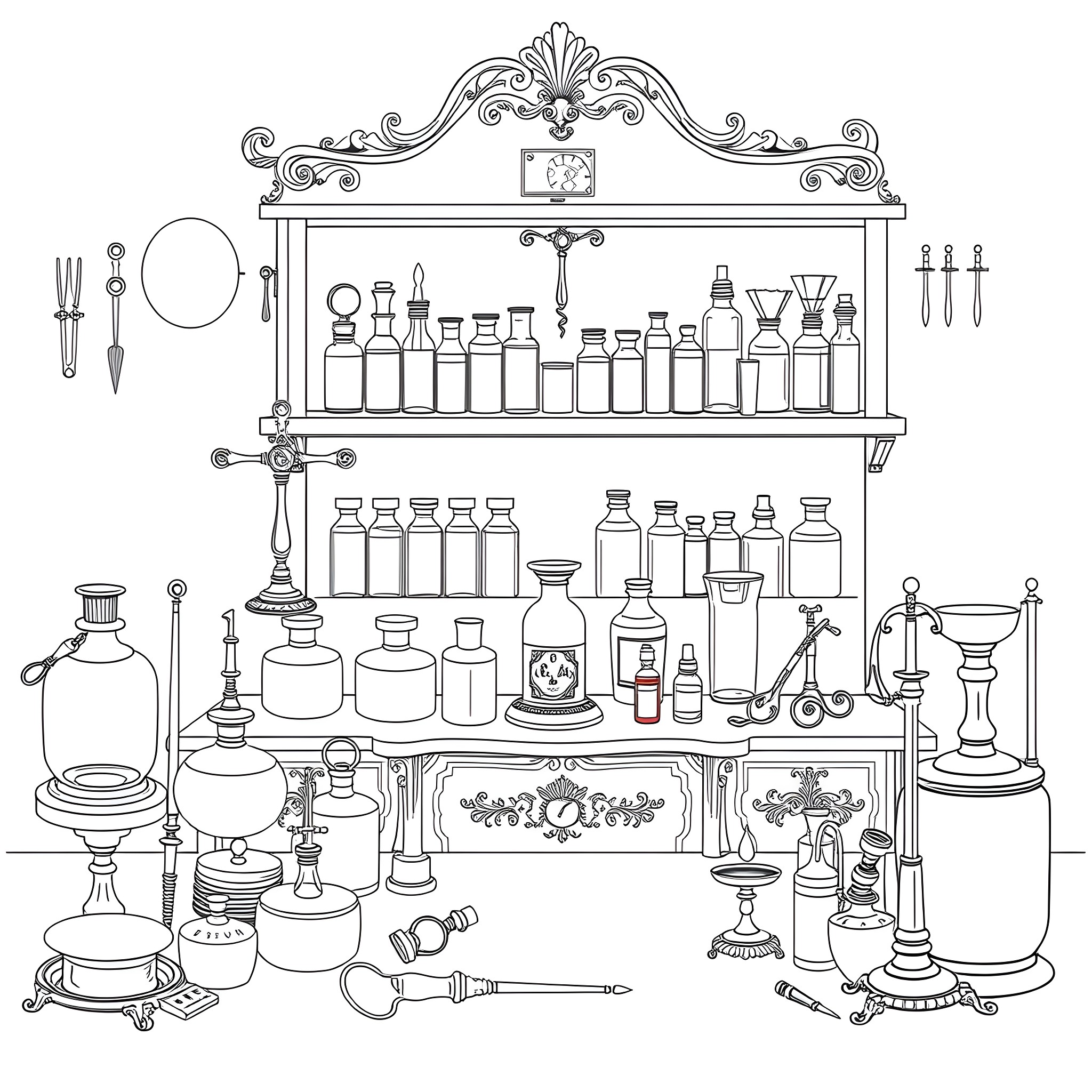 Medicine Cabinet with Various Medical Supplies and Instruments Coloring Page (free black-and-white line drawing printable PDF for all, from beginners to advanced learners, including children, teens, adults, and seniors)